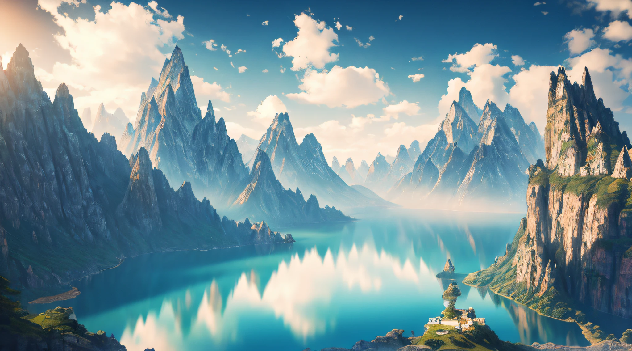 masterpiece, best quality, high quality, extremely detailed CG unity 8k wallpaper, scenery, outdoors, sky, cloud, day, no humans, mountain, landscape, water, tree, blue sky, waterfall, cliff, nature, lake, river, cloudy sky,award winning photography, Bokeh, Depth of Field, HDR, bloom, Chromatic Aberration ,Photorealistic,extremely detailed, trending on artstation, trending on CGsociety, Intricate, High Detail, dramatic, art by midjourney,no humans, scenery, outdoors, mountain, sky, day, landscape, fantasy, water,8k, super detail, ccurate, best quality