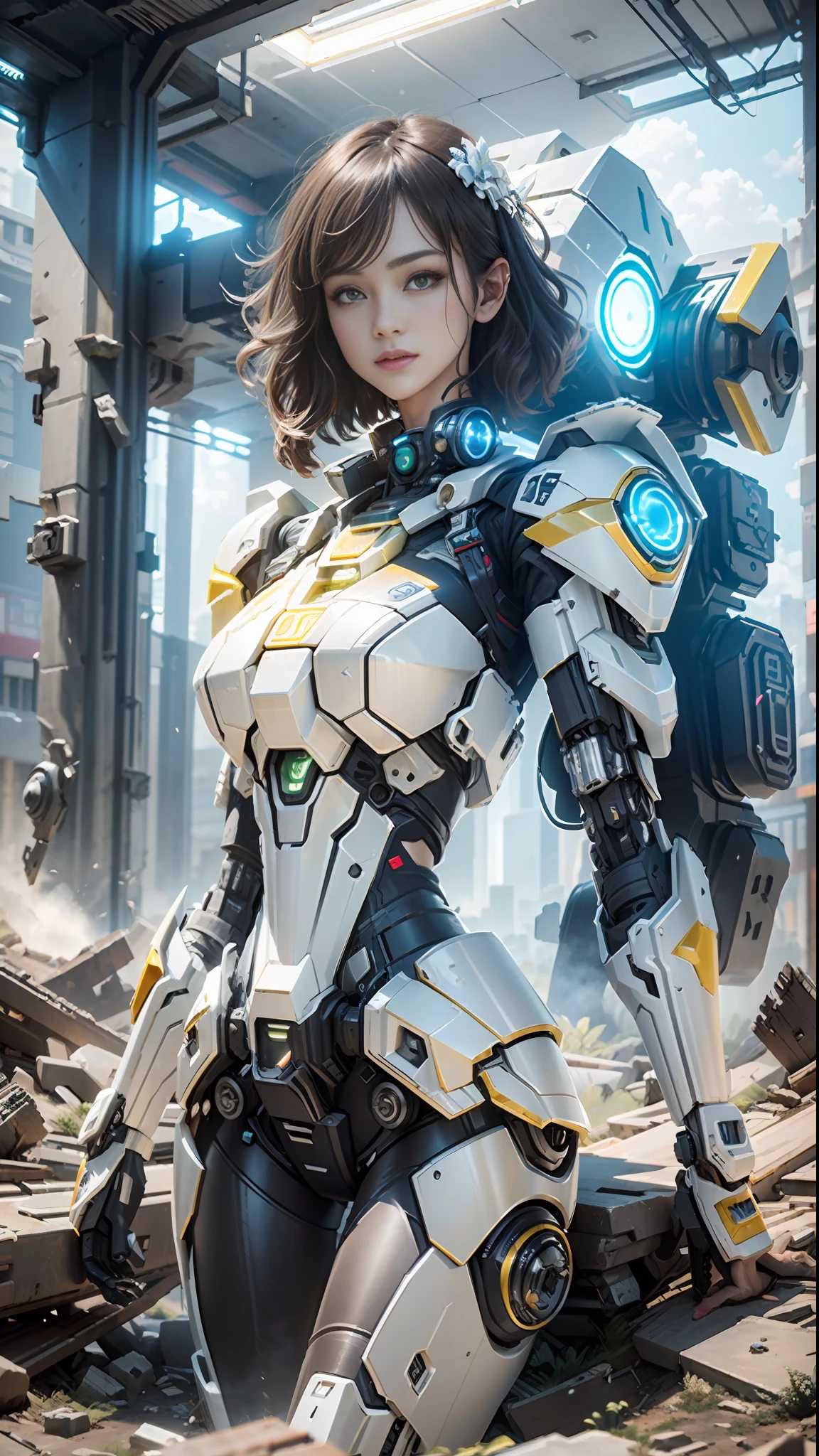 ((Best quality)), ((masterpiece)), (highly detailed:1.3), 3D,Shitu-mecha, beautiful cyberpunk women with her mecha in the ruins of city from a forgoten war, ancient technology,HDR (High Dynamic Range),Ray Tracing,NVIDIA RTX,Super-Resolution,Unreal 5,Subsurface scattering,PBR Texturing,Post-processing,Anisotropic Filtering,Depth-of-field,Maximum clarity and sharpness,Multi-layered textures,Albedo and Specular maps,Surface shading,Accurate simulation of light-material interaction,Perfect proportions,Octane Render,Two-tone lighting,Low ISO,White balance,Rule of thirds,Wide aperature,8K RAW,Efficient Sub-Pixel,sub-pixel convolution,luminescent particles,light scattering,Tyndall effect