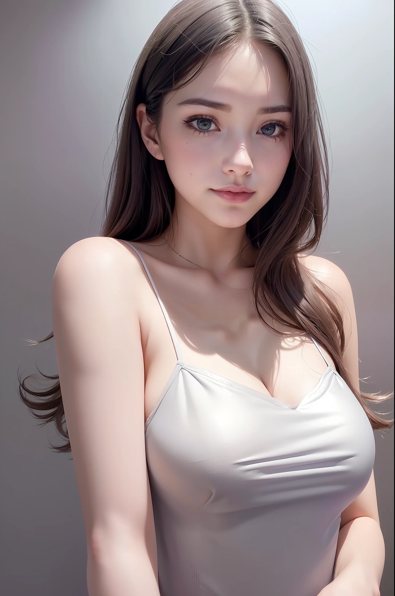 photo of a 18 y.o girl, beautiful vintage color, (photorealistic, high resolution:1.4), ((puffy eyes)), looking at viewer, , full body (8k, RAW photo, best quality, masterpiece:1.2), (realistic, photo-realistic:1.37), (sharp focus:1.2), professional lighting, photon mapping, radiosity, physically-based rendering, (pale skin), (small breasts:1.275), looking at viewer, (middle hair:1.05), portrait, purple eyes, (sliver hair:1.1), bangs, (simple background:1.4), solo, upper body, (shiny skin:0.7), fashion girl, makeup, smile(skinny, closed mouth,shy:1.3), (see-through:1.05), (slip dress:1.47), standing, medium bust, sexy pose, (NSFW:1.05),