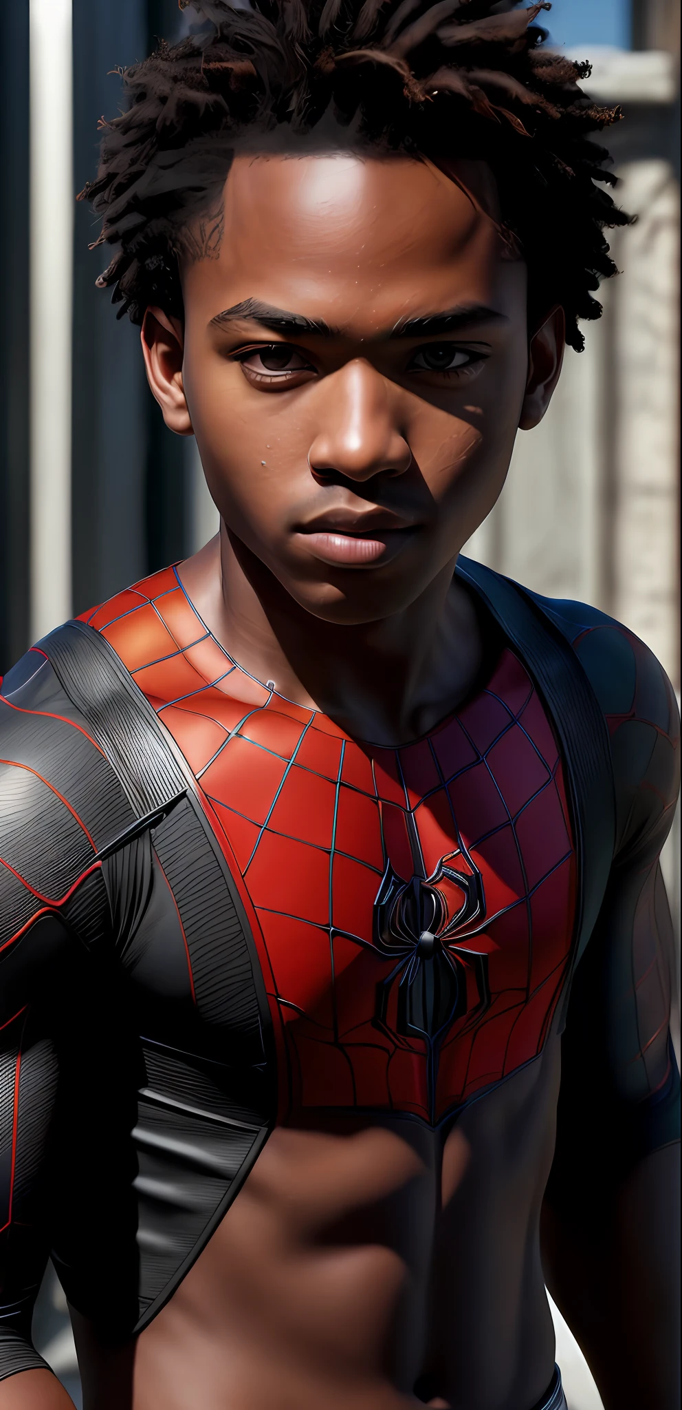 (masterpiece, photorealistic, raw,:1.4), (extremely complex:1.2), close-up, cinematic light, side lighting, ultra high resolution, best shadow, RAW, upper body,, young male, miles morales