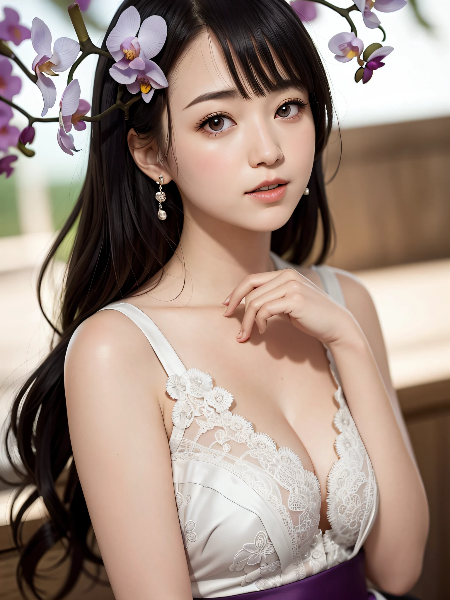 orchid wedding dress,purple short skirt,woman,japanese,cute face,pretty face,bare shoulders,shoulders slightly exposed,black eyes,black hair,(photorealistic:1.4),realistic details, high resolution,bokeh,outstanding details