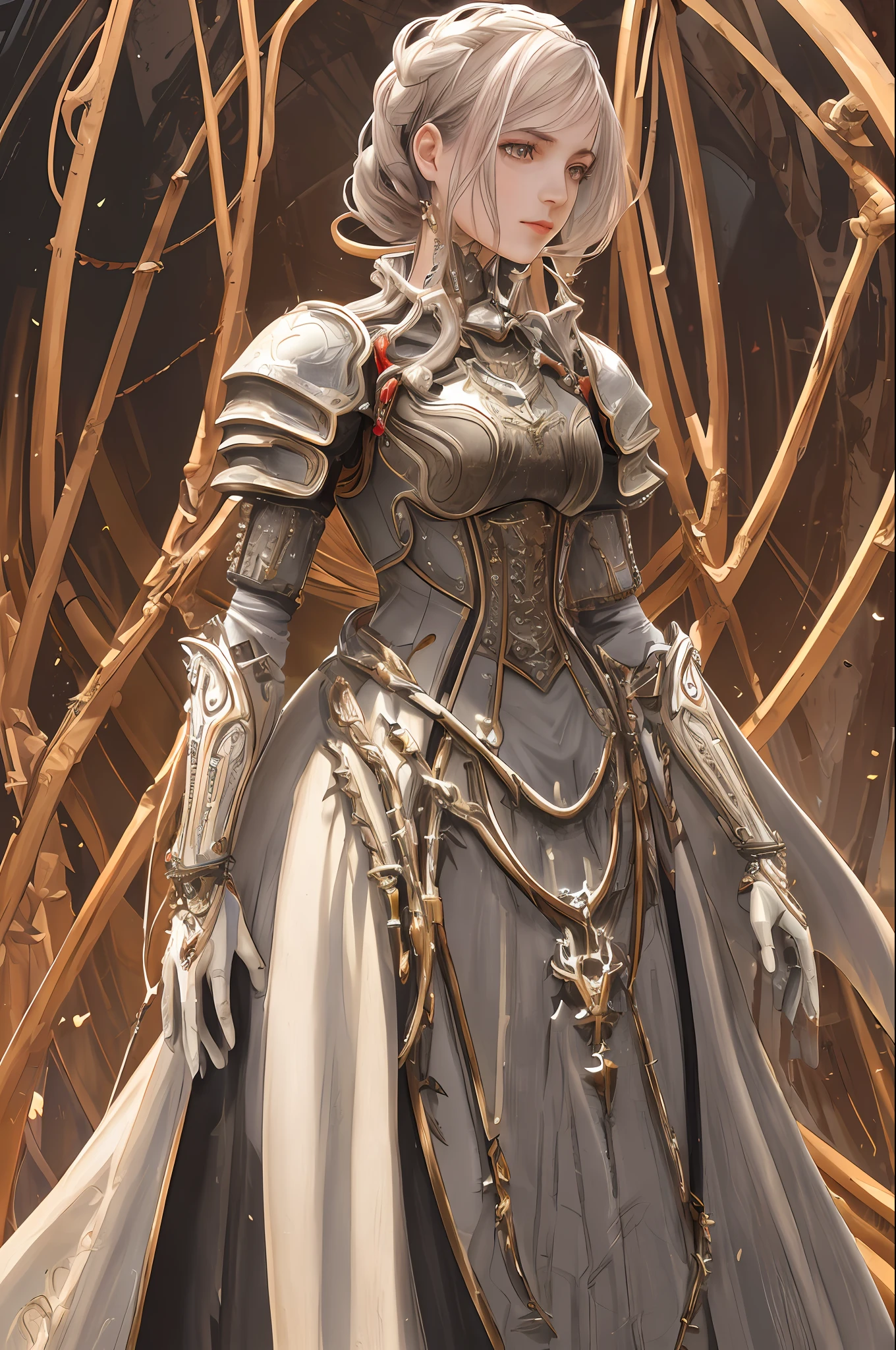 Vast Universe (Ultra Fine Detail), 1 Mechanical Girl, (((Ultra-Realistic Detail)), Portrait, Global Illumination, Shadows, Octane Rendering, 8K, Ultra Sharp, Metal, Intricate Ornamental Details, Warm Colors, Medieval European Details, Very Intricate Details, Realistic Light, CGSoation Trends, Shining Eyes, Facing right, white dress, neon details, mechanical limbs, blood vessels connected to tubes, mechanical vertebrae attached to the back, mechanical cervical attachment to the neck, standing, wires and cables connecting to the head