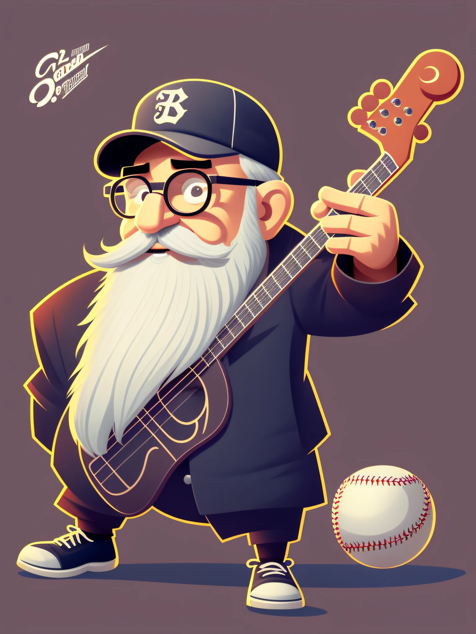 cartoon character of an old man with beard and glasses with a baseball cap, cute detailed digital art, high quality character design, highly detailed character design, game character design, adorable digital painting, game character art, musician, highly detailed character, anthropomorphic musician hero, 2d illustration, 2d illustration, by Yu Zhiding, great character design --auto --s2