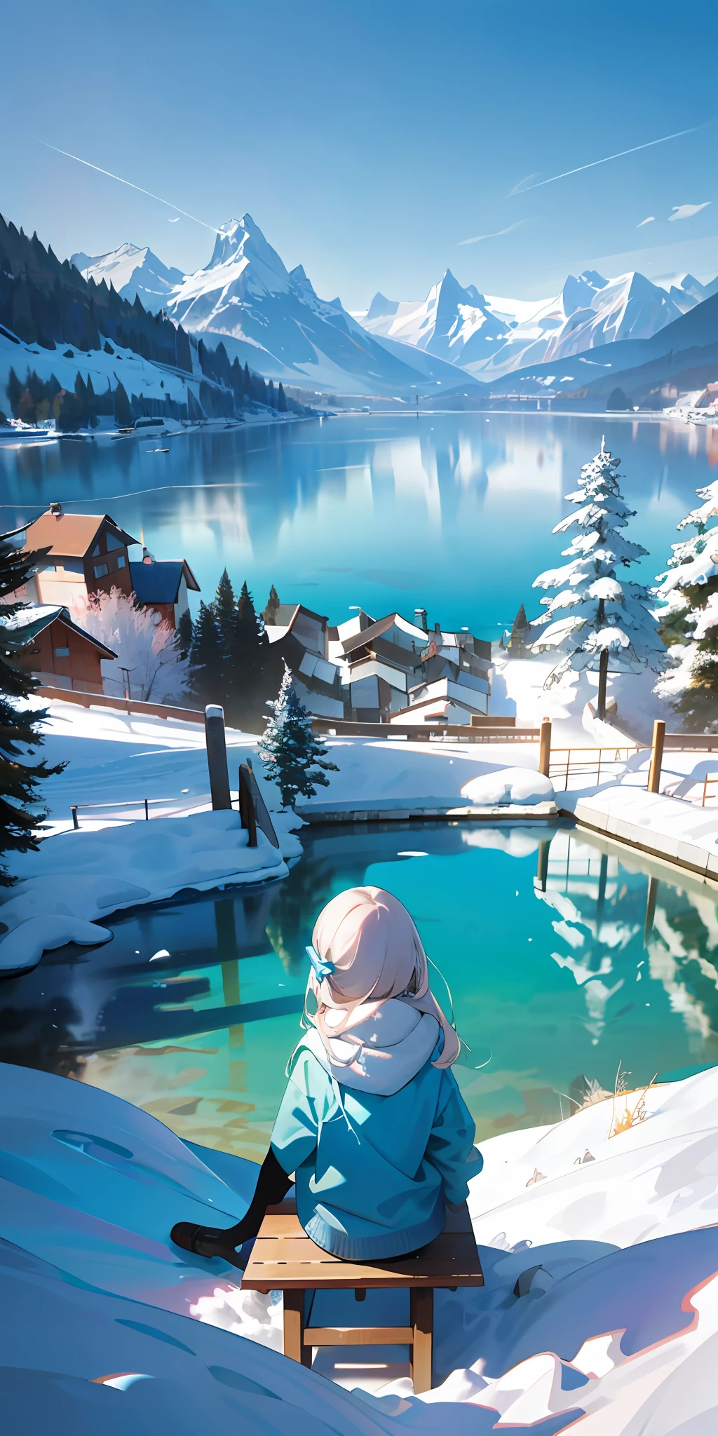 1girl, sitting on a small bench at home with your back to the audience looking at the scenery outside, steps, snowy mountains, lake water, blue sky, sunshine, Swiss scenery, super details, super wide angle