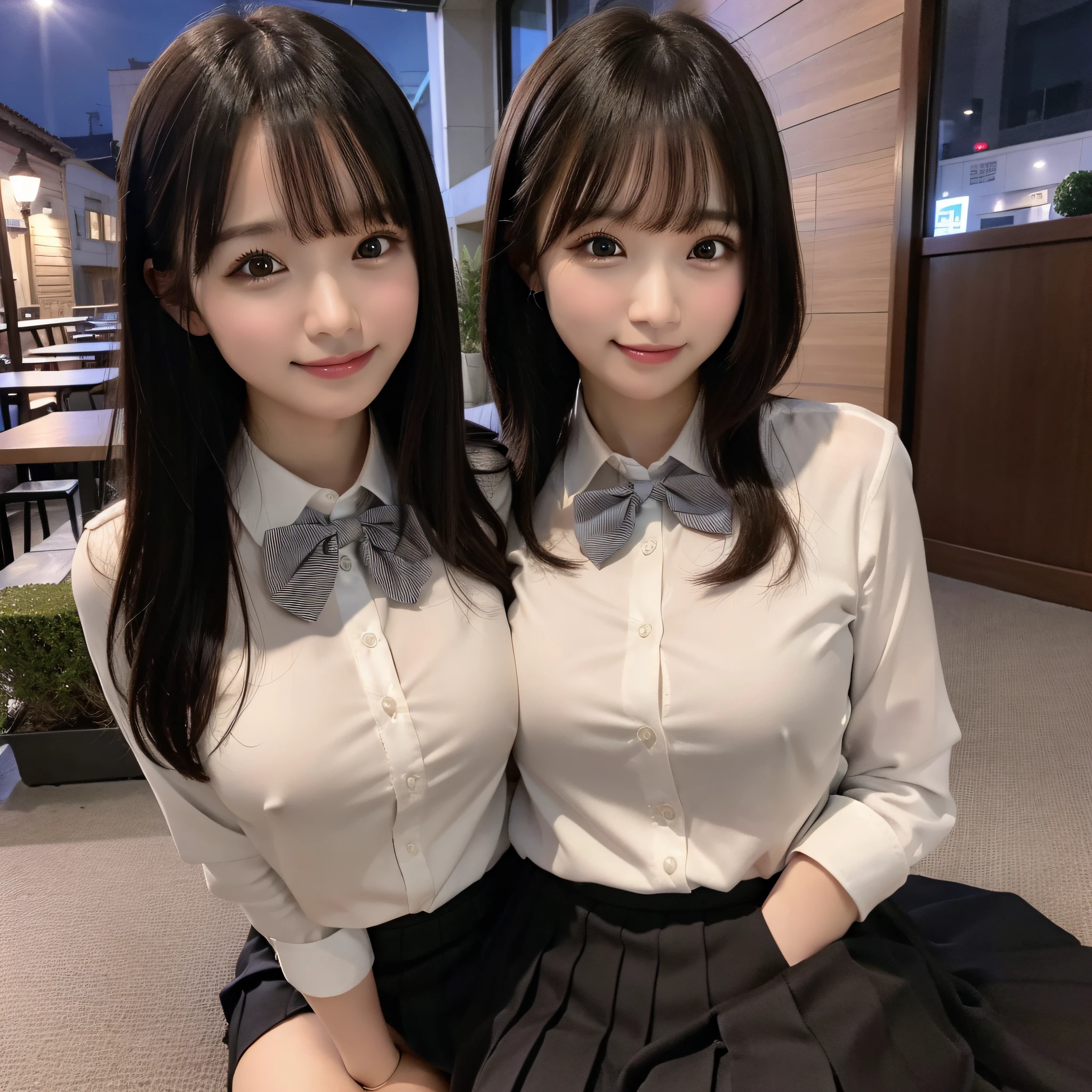 (8k, RAW photo, best quality, masterpiece: 1.2), (realistic, photo-realistic: 1.37), ultra-detailed, 1 girl, cute, solo, beautiful detailed sky, detailed coffee, night, sitting, dating, (flushed nose), (smile: 1.1), (mouth closed), medium breasts, beautiful detailed eyes, (collared shirt: 1.1), bow tie, pleated skirt,