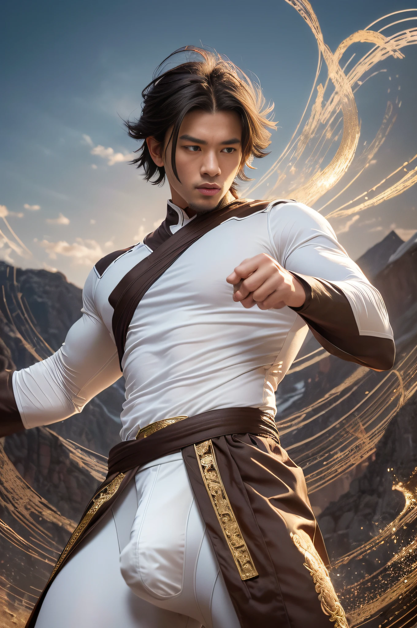 Best Quality, Masterpiece, Ultra High Resolution, (Realistic: 1.4), Xiuxian, Weapon, Detailed Face, .1 Boy, Solo, Weapon, , (Magic Circle: 1.2), Xiuxian, Upper Body, East Asian Architecture, Sheath, Architecture, (Absurd, High Resolution, Super Detailed), Asian, 1 male, eighteen year old boy, handsome, tall muscular man, broad shoulders, very short hair, bottom cut, dark brown eyes, fine eyes and detailed face, extremely detailed CG Unity 8k wallpaper, Intricate details, (style swirl magic: 0.7), looking at the audience, solo, (full body: 0.6), detailed background, detailed face, (European medieval fantasy theme: 1.1), hair fluttering in the wind, martial artist, dynamic pose, fighting stance, clenched fists, fingerless gloves, wristband, dragon-themed costume, monk robe, alpine mountain background, spinning floating particles, dynamic composition, upper body naked, large muscles, white rubber pants, ((((crotch bulge))))