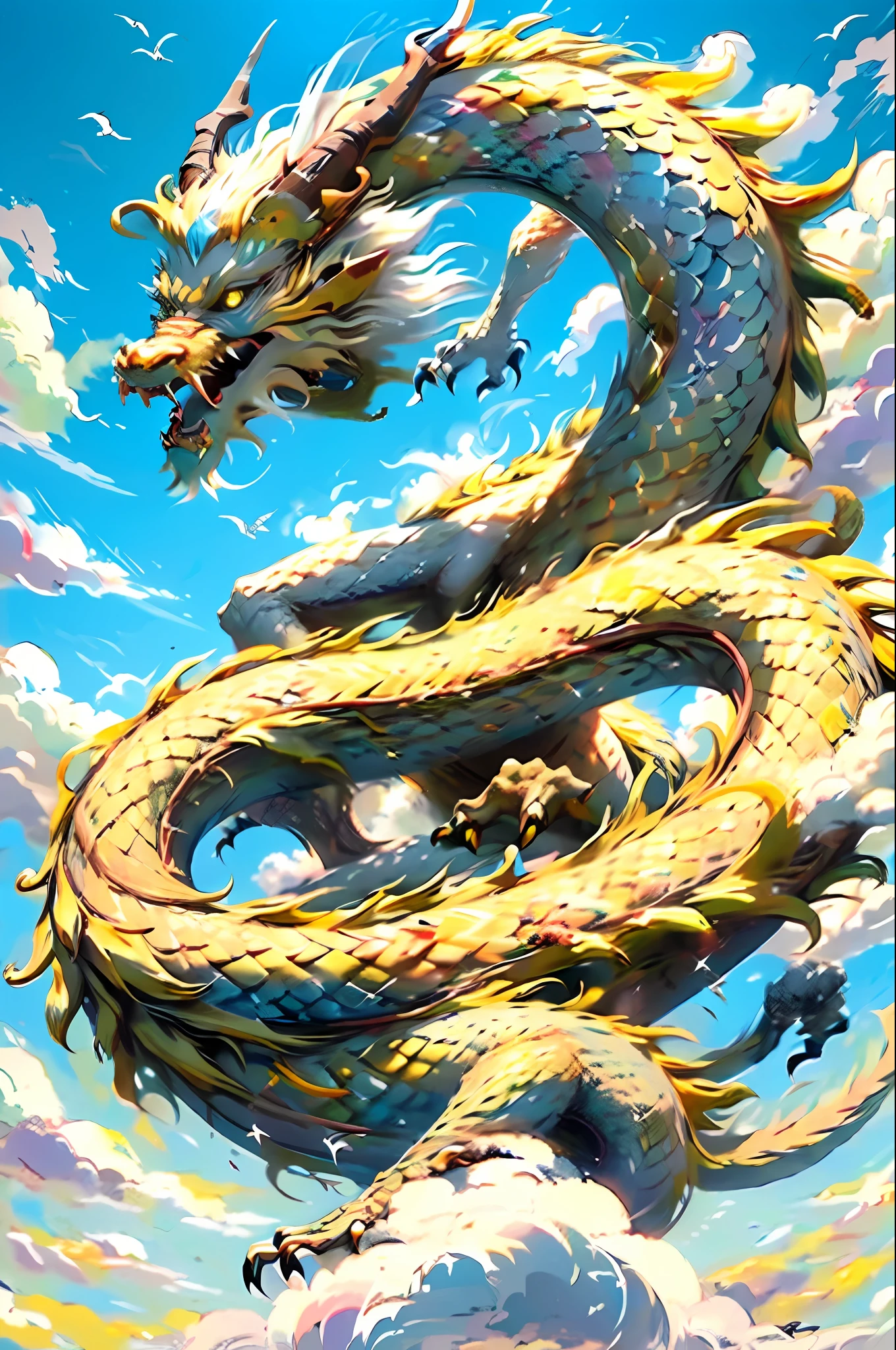 Best quality,masterpiece,ultra high res,nu no humans, (long:1.2),sky, yellow eyes, cloud, scales, eastern dragon, open mouth, sharp teeth, flying, horns, teeth, day, claws, fangs, blue sky