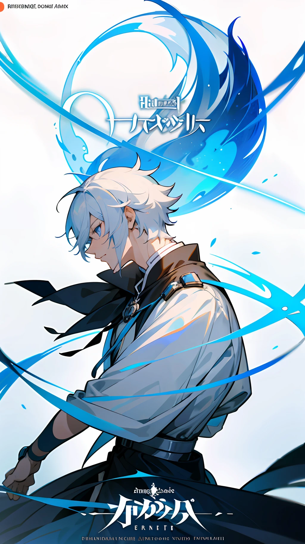 a male anime character with white hair and blue eyes, character album cover, full art, antasy character, from arknights, full art illustration, full portrait of elementalist, character profile art, official character art, official character illustration, merlin, high detailed official artwork, game key art, omoide emanon, oz, mobile game art, among us character