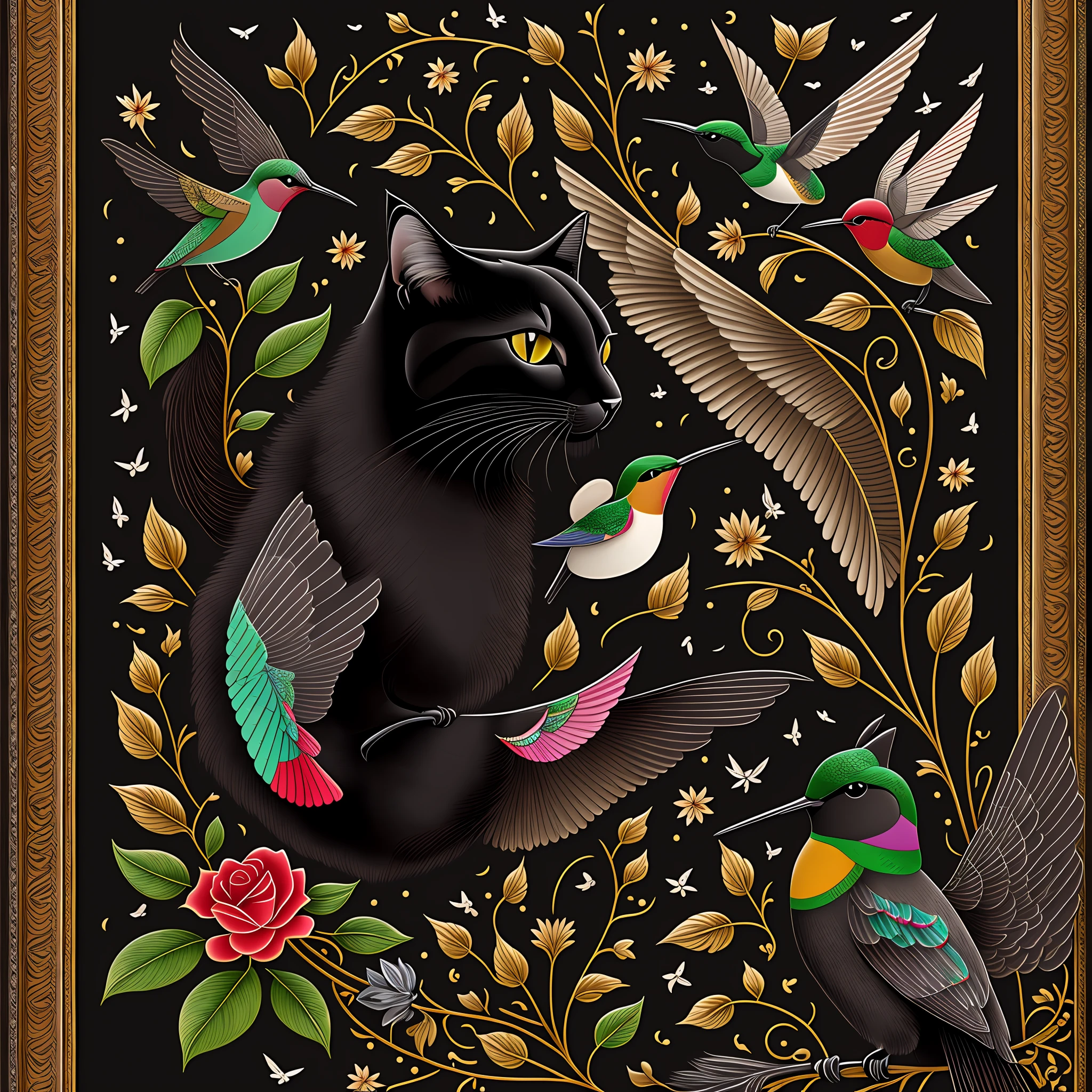 a frame of an elegant and sophisticated coat of arms of a black cat and a hummingbird bird together --auto --s2