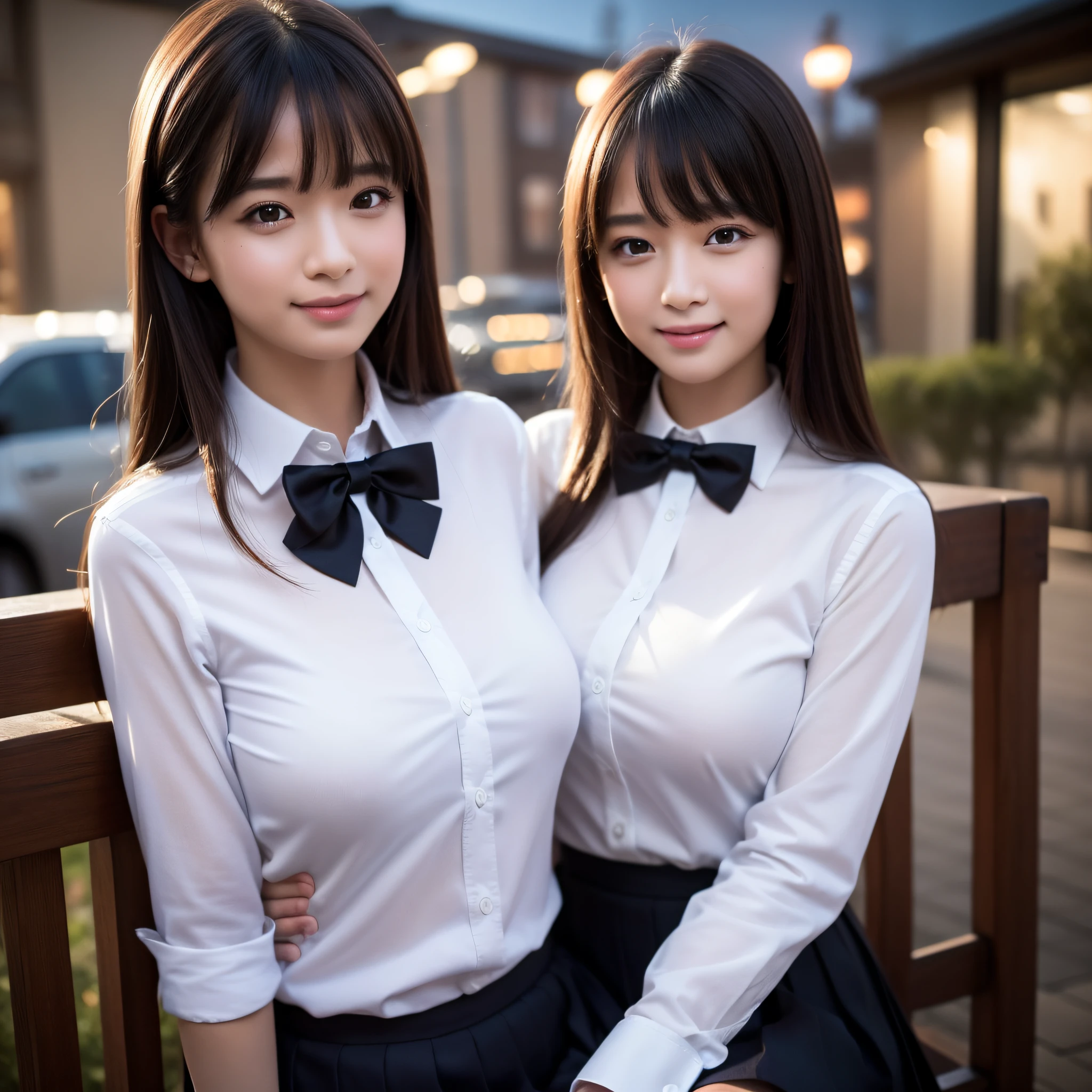 (8k, RAW photo, best quality, masterpiece: 1.2), (realistic, photo-realistic: 1.37), ultra-detailed, 1 girl, cute, solo, beautiful detailed sky, detailed coffee, night, sitting, dating, (flushed nose), (smile: 1.1), (mouth closed), medium breasts, beautiful detailed eyes, (collared shirt: 1.1), bow tie, pleated skirt,