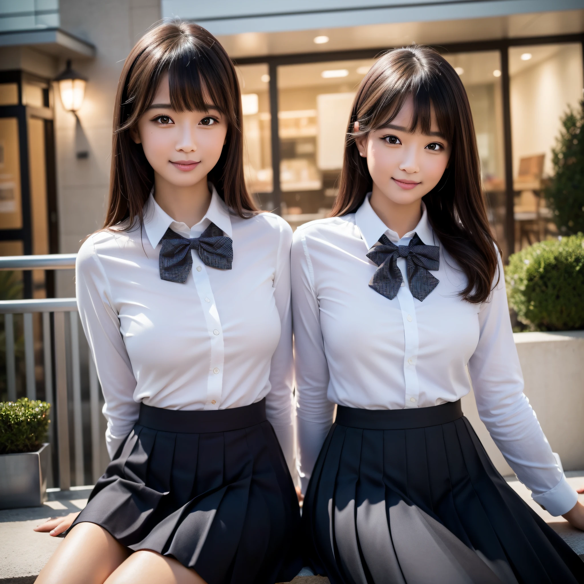 (8k, RAW photo, best quality, masterpiece: 1.2), (realistic, photo-realistic: 1.37), ultra-detailed, 1 girl, cute, solo, beautiful detailed sky, detailed coffee, night, sitting, dating, (flushed nose), (smile: 1.1), (mouth closed), medium breasts, beautiful detailed eyes, (collared shirt: 1.1), bow tie, pleated skirt,