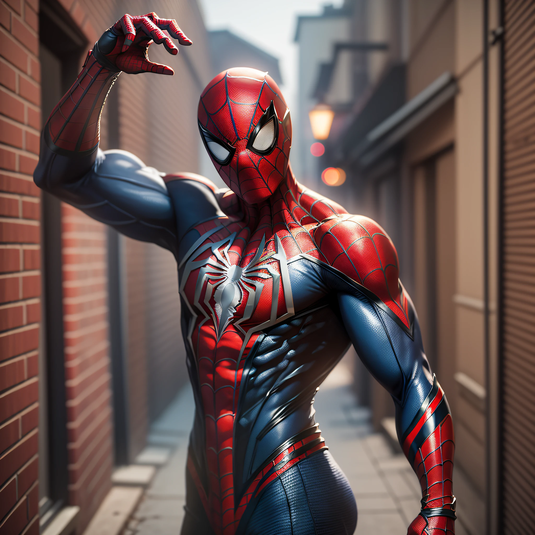 A lifelike 3D rendition of Spider-Man captures the essence of the iconic superhero. The Spider-Man suit is faithfully recreated, highlighting every intricate detail, from the web lines to the emblem on the chest. The scene takes place in a dark and moody alleyway, with dramatic lighting casting shadows on Spider-Man's masked face. The atmosphere is mysterious and intense, reflecting the character's dual life as a superhero and ordinary person. The style is cinematic 3D rendering, with attention to dramatic lighting and realistic materials. --ar 16:9 --auto --s2