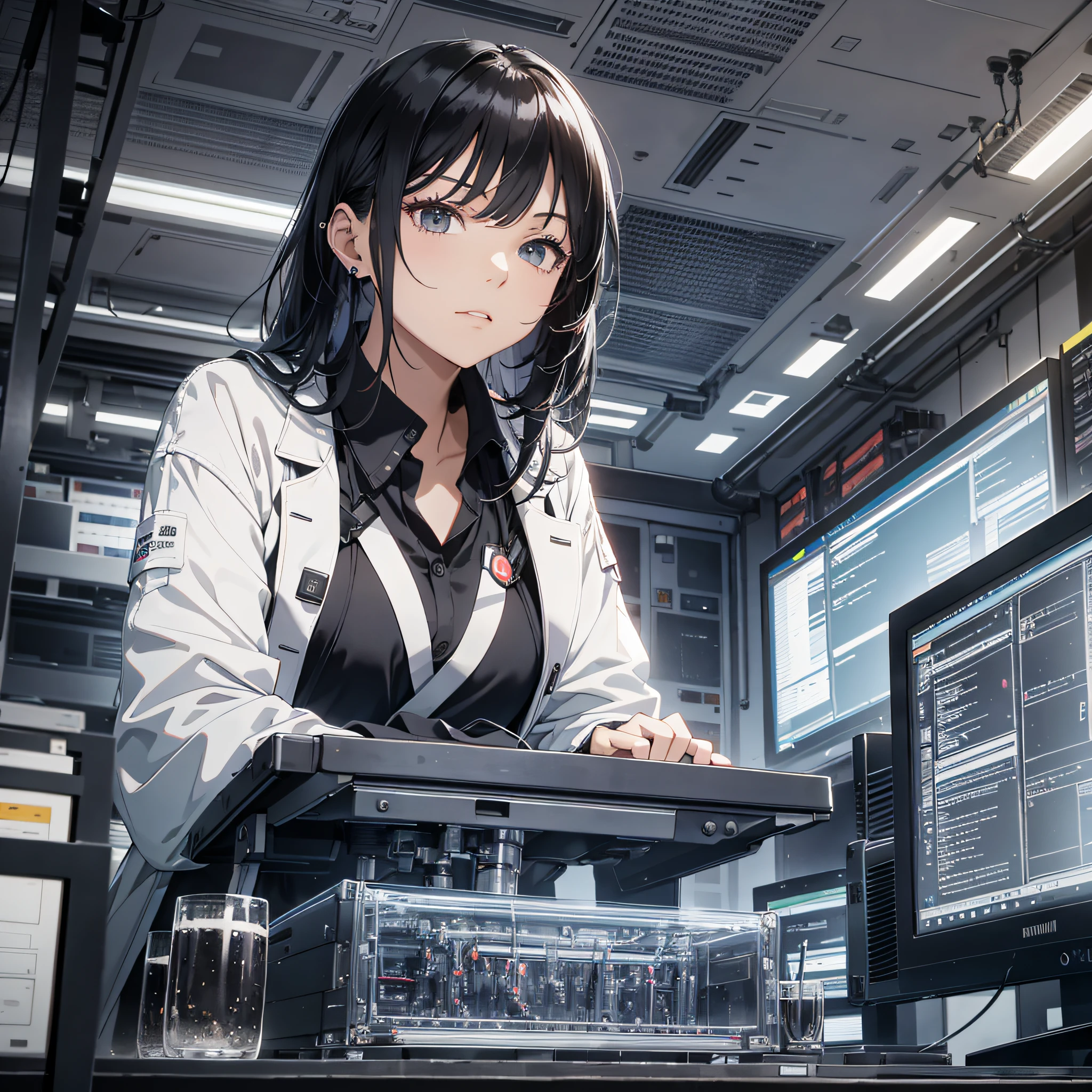 The black-haired young woman dressed as a technician has a serious expression, and the background is a large scientific research institute with many large screens, sitting in front of the computer to operate, with a serious expression