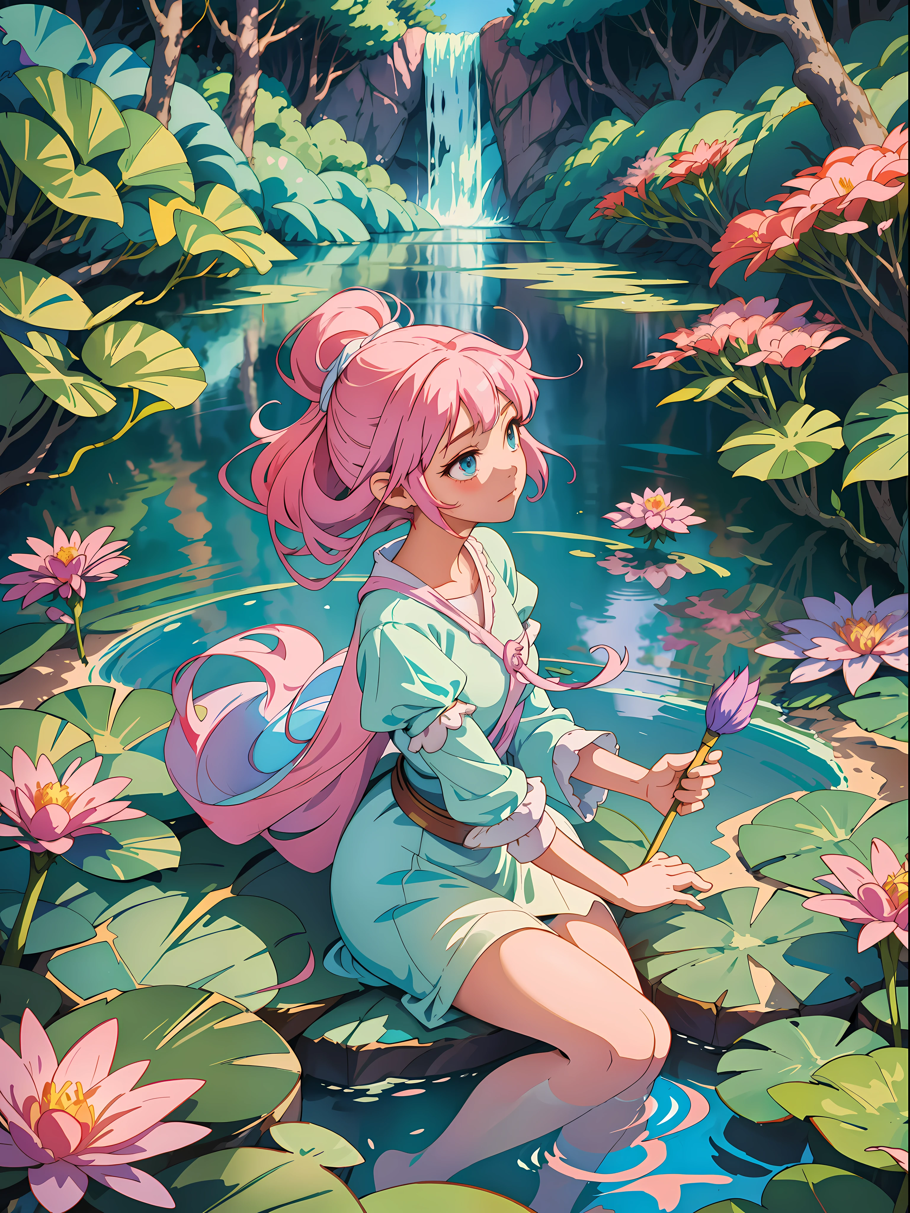 An ethereal anime princess stands on a floating island amidst a breathtaking sky filled with pastel hues. Her flowing, translucent gown billows gently in the wind, reflecting the soft light that bathes the scene. The floating islands, adorned with lush vegetation and delicate waterfalls, create a sense of serenity and tranquility. The princess gazes into the distance, her eyes filled with a mix of longing and hope. The image is rendered in an artistic anime style inspired by Studio Ghibli, with a touch of surrealism. The colors are dreamy and soft, blending seamlessly with the magical atmosphere. Camera shot: high angle, Camera lens: bokeh, Lighting: soft, warm light, high resolution,