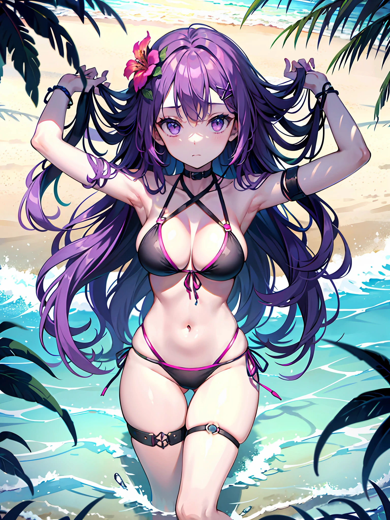 1girl, breasts, swimsuit, solo, purple hair, bikini, large breasts, purple eyes, long hair, hair ornament, black bikini, cleavage, thigh strap, looking at viewer, halterneck, navel, side-tie bikini bottom, hair flower, flower, ((arms behind)),front-tie top, string bikini, thighs, bangs, front-tie bikini top, bare shoulders, closed mouth, stomach, criss-cross halter, bare arms, outdoors, beach, very long hair, multi-strapped bikini, skindentation, collarbone, water