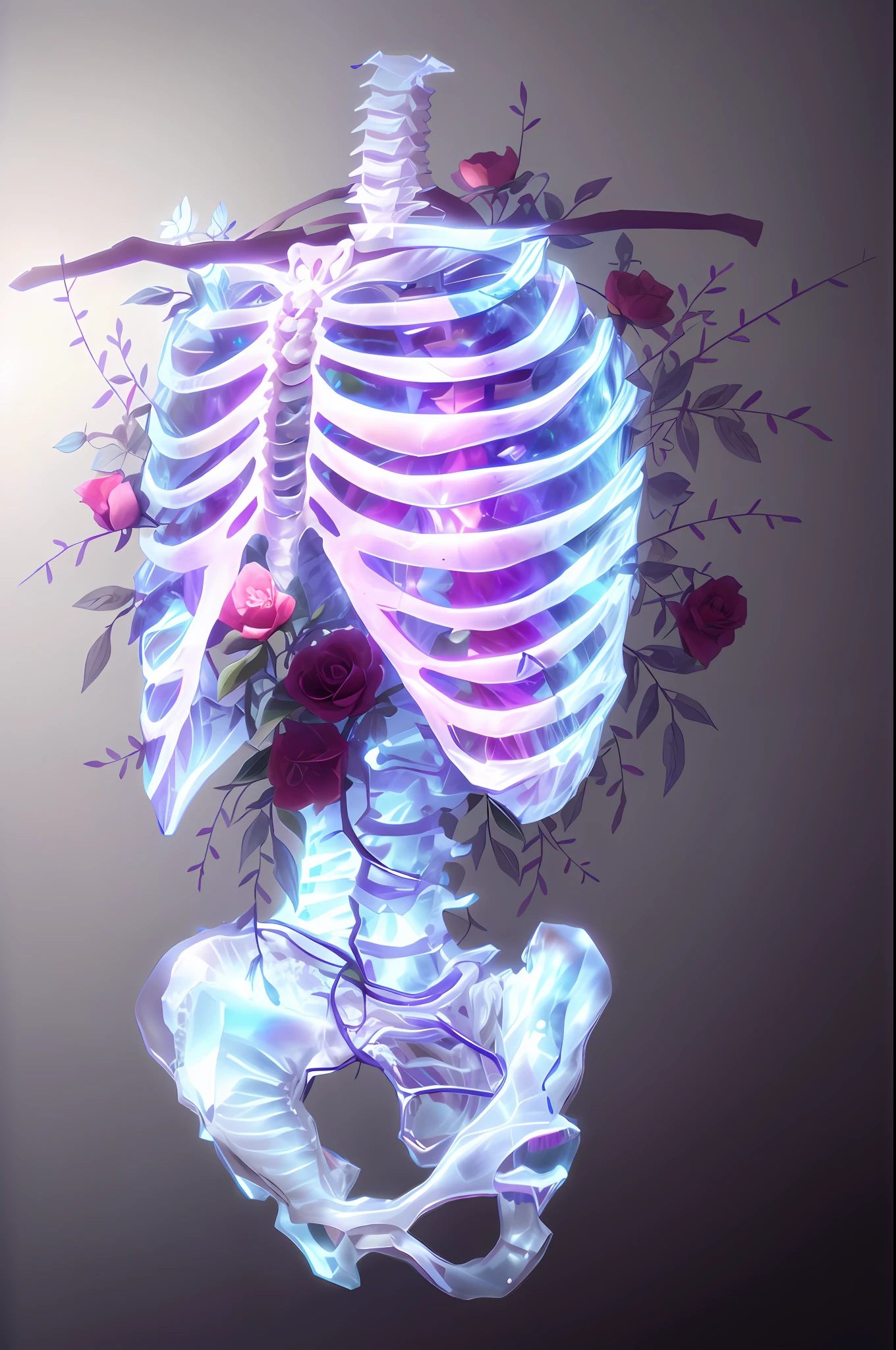 a drawing of a skeleton with roses on it's chest, ribcage, flowers grow from the body, rib cage, rib cage exposed, bones and veins, flowers growing out of his body, anatomically perfect, anatomical perfection, half woman half skeleton, anatomical art, anatomically accurate, love and death, life and death mixing together, thin skeleton, CrystallineAI
