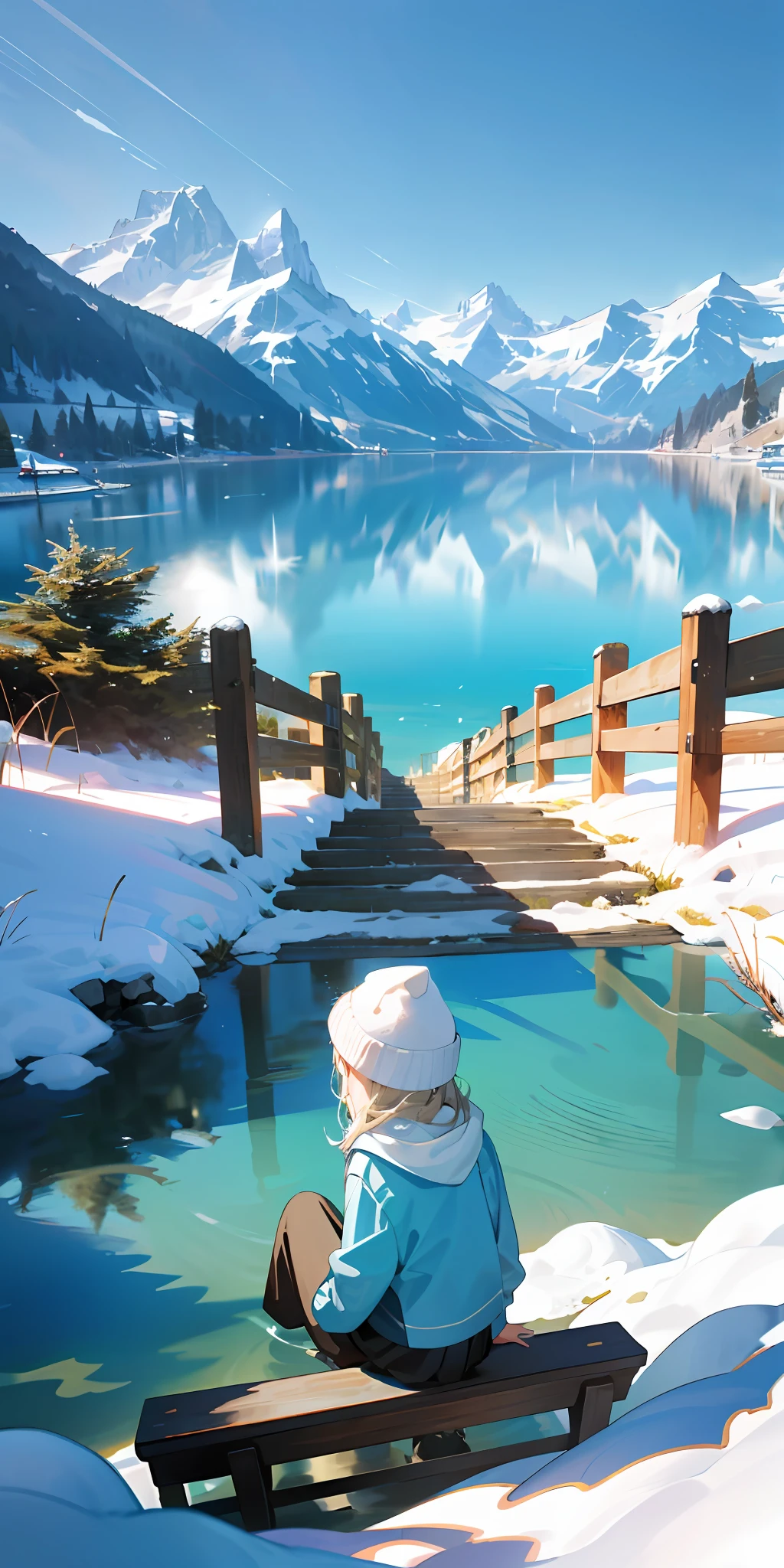 1girl, sitting on a small bench at home with your back to the audience looking at the scenery outside, steps, snowy mountains, lake water, blue sky, sunshine, Swiss scenery, super details, super wide angle