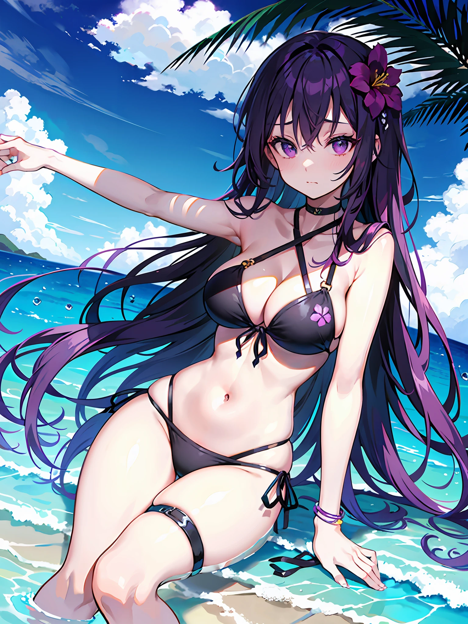1girl, breasts, swimsuit, solo, purple hair, bikini, large breasts, purple eyes, long hair, hair ornament, black bikini, cleavage, thigh strap, looking at viewer, halterneck, navel, side-tie bikini bottom, hair flower, flower, ((arms behind)),front-tie top, string bikini, thighs, bangs, front-tie bikini top, bare shoulders, closed mouth, stomach, criss-cross halter, bare arms, outdoors, beach, very long hair, multi-strapped bikini, skindentation, collarbone, water