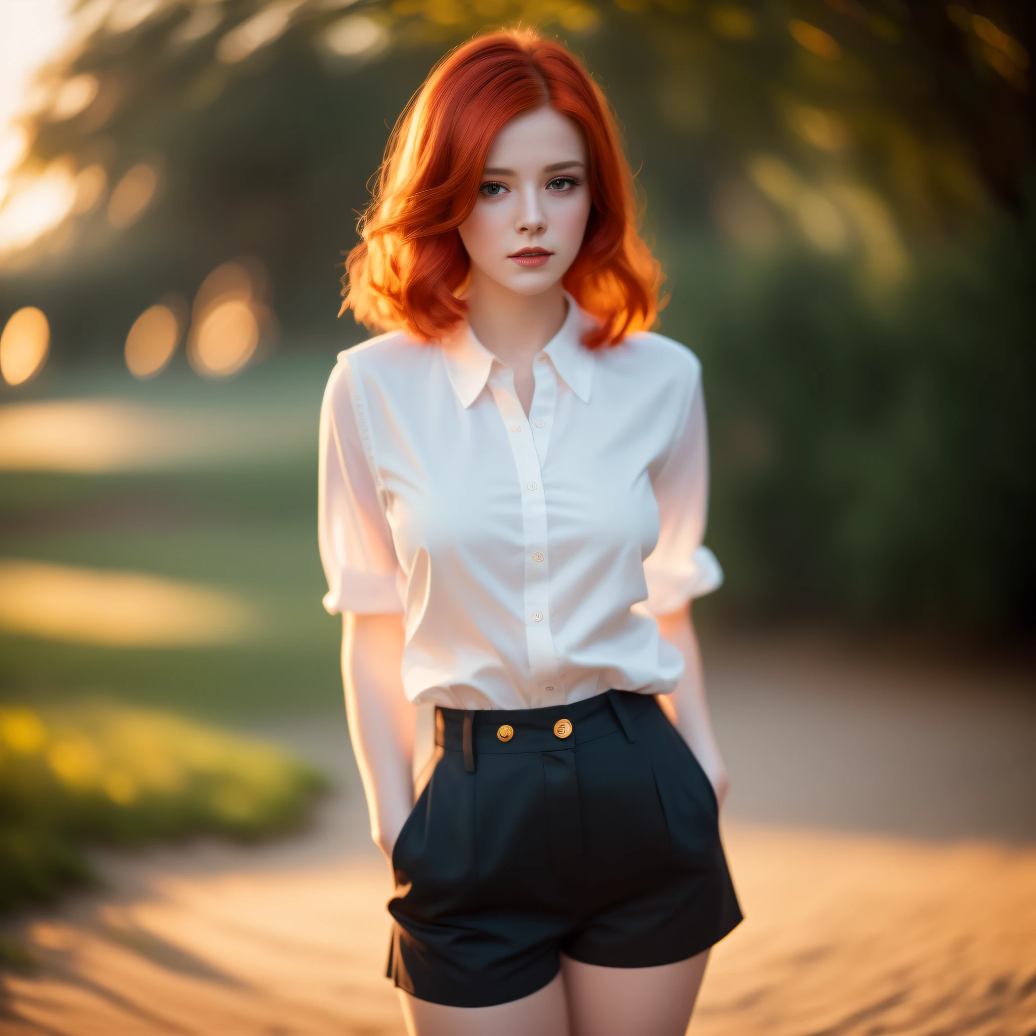 (masterpiece), best quality, high resolution portrait, subtle details, "red-haired woman in shorts and blouse on her back", short clothing, red hair (1.2), seductive pose, blurred background (depth of field), natural lighting (1.1), backlight (1.1), soft shadow effect, photo editing filter (Instagram type).