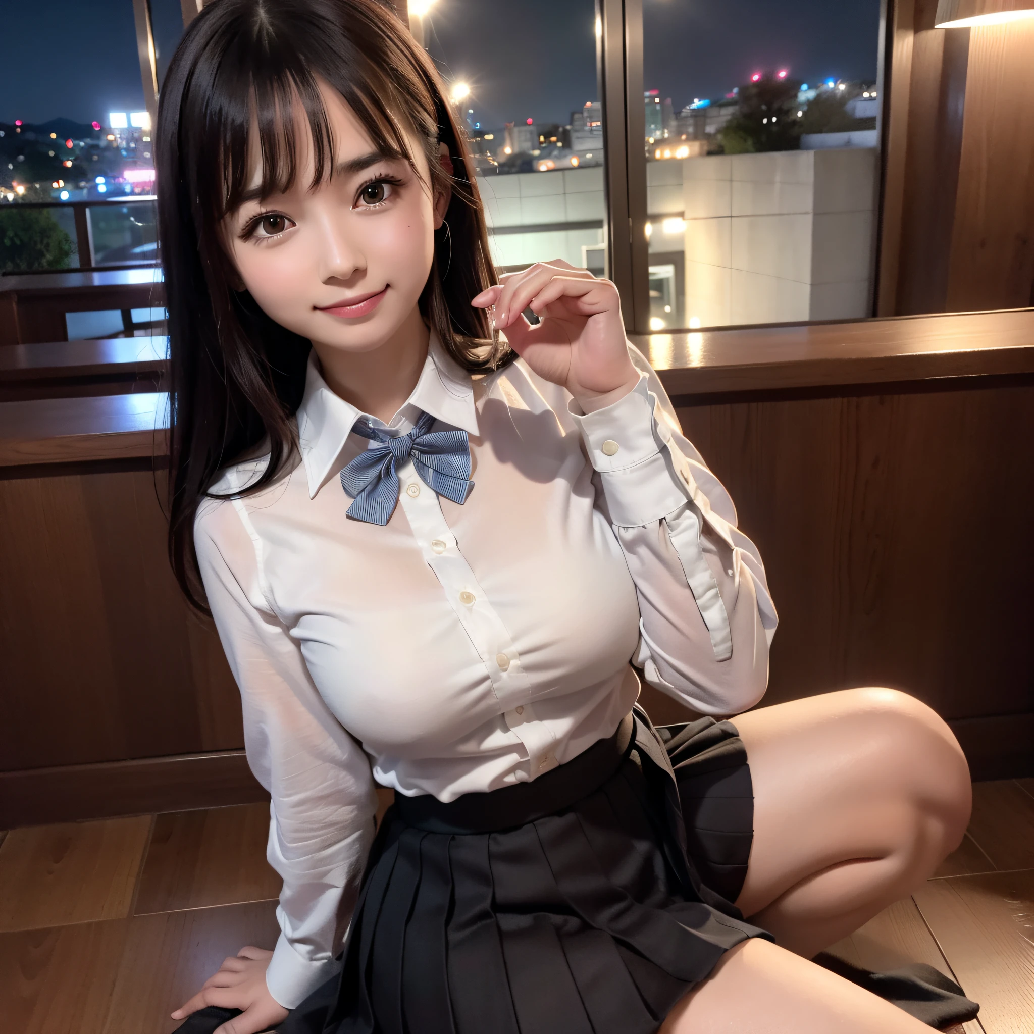 (8k, RAW photo, best quality, masterpiece: 1.2), (realistic, photo-realistic: 1.37), ultra-detailed, 1 girl, cute, solo, beautiful detailed sky, detailed coffee, night, sitting, dating, (flushed nose), (smile: 1.1), (mouth closed), medium breasts, beautiful detailed eyes, (collared shirt: 1.1), bow tie, pleated skirt, crouching petting cat,