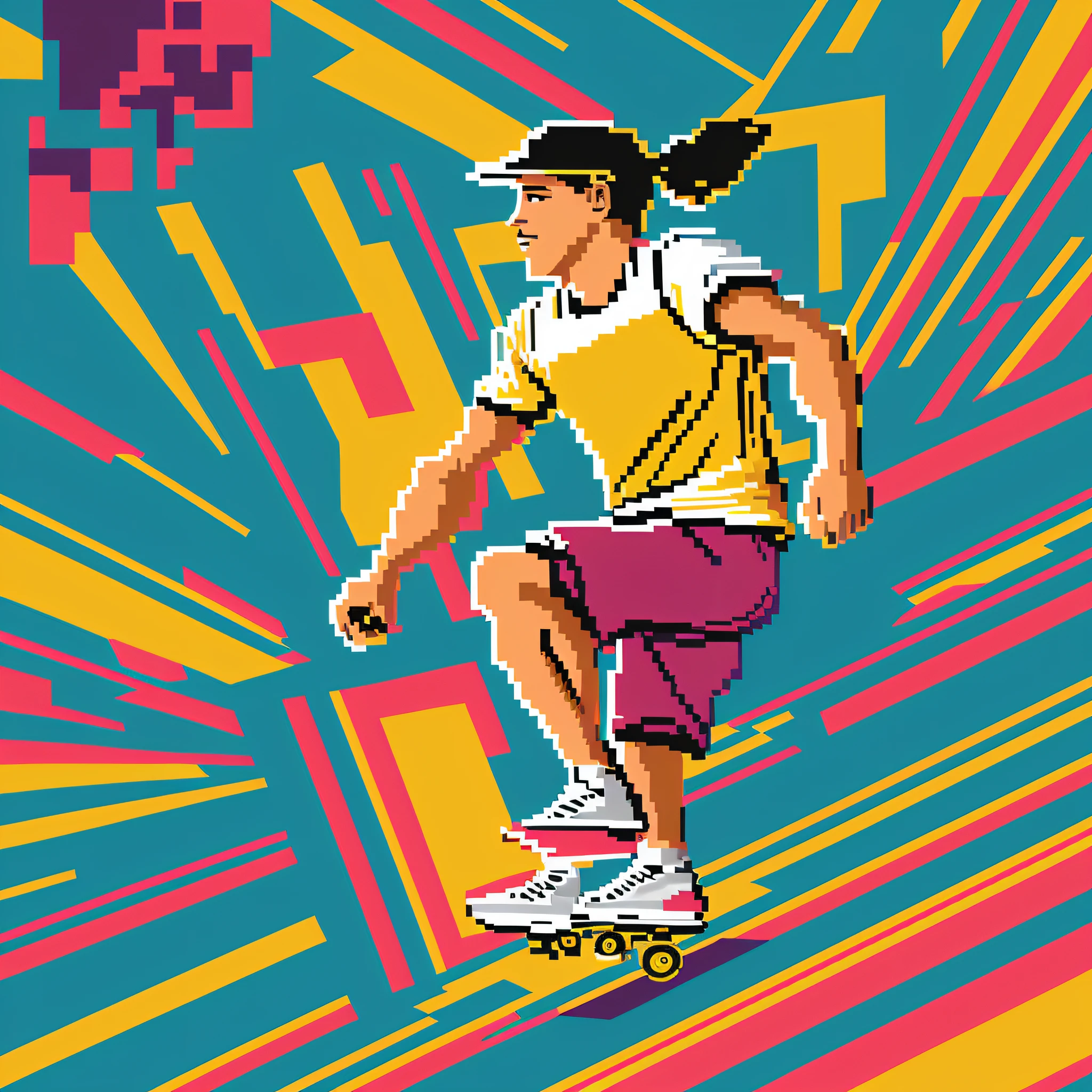 Pixel art of a man riding skateboard on white background, digital illustration style, transcendent art style, transcendent style and color, skateboarder style, Jen Bartel, transcendent style, jet radio style, vintage artwork, 8 0s art, skateboarding, made with illustrator, vector art style,