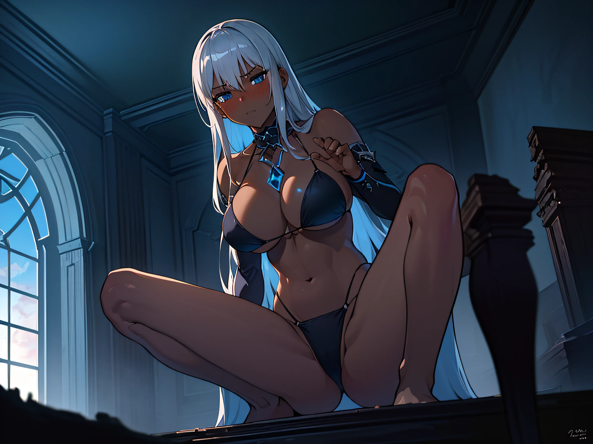 (Masterpiece, best quality, photorealistic, hyper realistic), (1 Girl, Silver hair), ((extremely detailed face)) huge breast, (Black triangle bikini, Low Rise Bikini), (toned:1.1), (blue eyes) (spread legs:1.2) Armature, looking at viewer, (blush:1.2), perfect lighting, Dark Fantasy, dark clouds, cloudy sky, sunrise, (dark skin:1.2), desolate and empty landscape in the background, forlorn expression, (dark:1.1), (gothic:1.1), dejected posture, (old ruined castle:1.2), (broken old castle), (indoors) (bed room:1.2), (dynamic angle:1.2), (dynamic pose:1.2), (from below) (peace fingers) (tall stature), (sit astride), (girl on top)