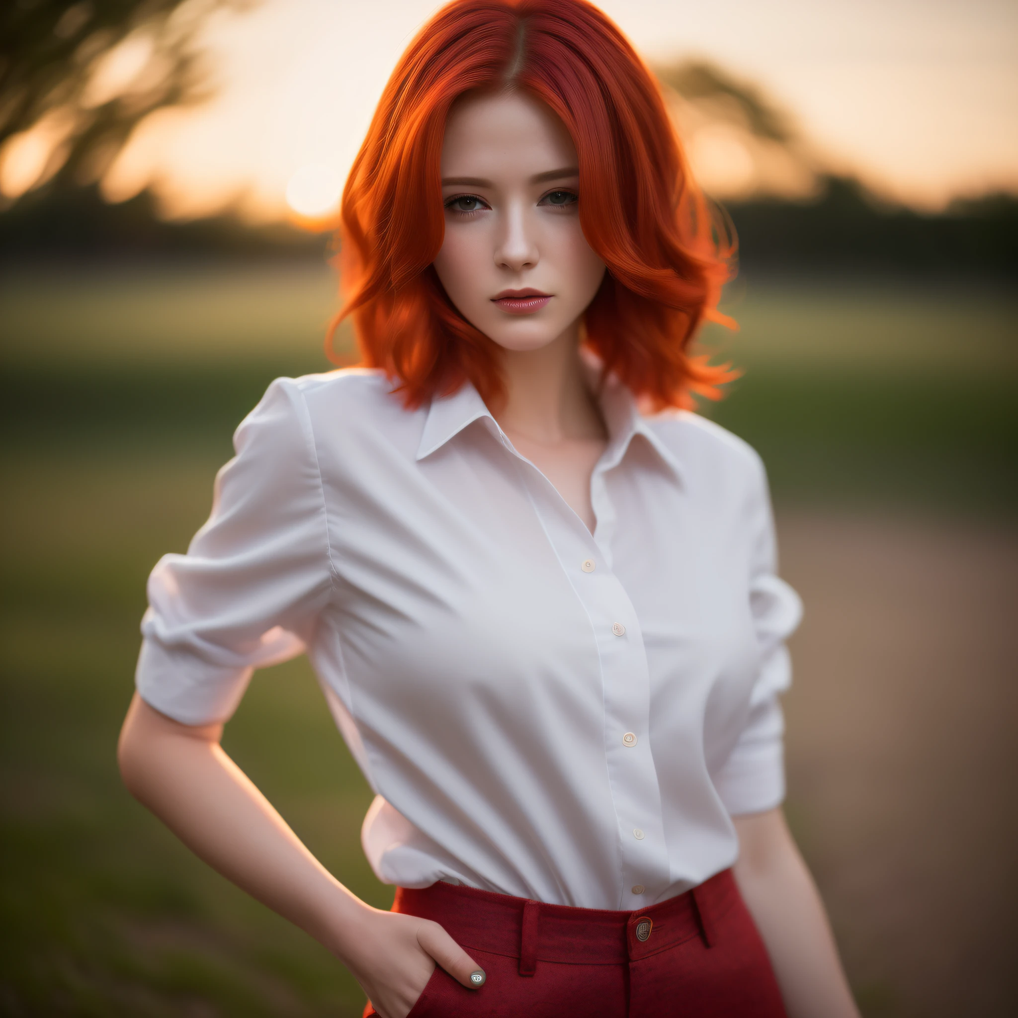 (masterpiece), best quality, high resolution portrait, subtle details, "red-haired woman in shorts and blouse on her back", short clothing, red hair (1.2), seductive pose, blurred background (depth of field), natural lighting (1.1), backlight (1.1), soft shadow effect, photo editing filter (Instagram type).