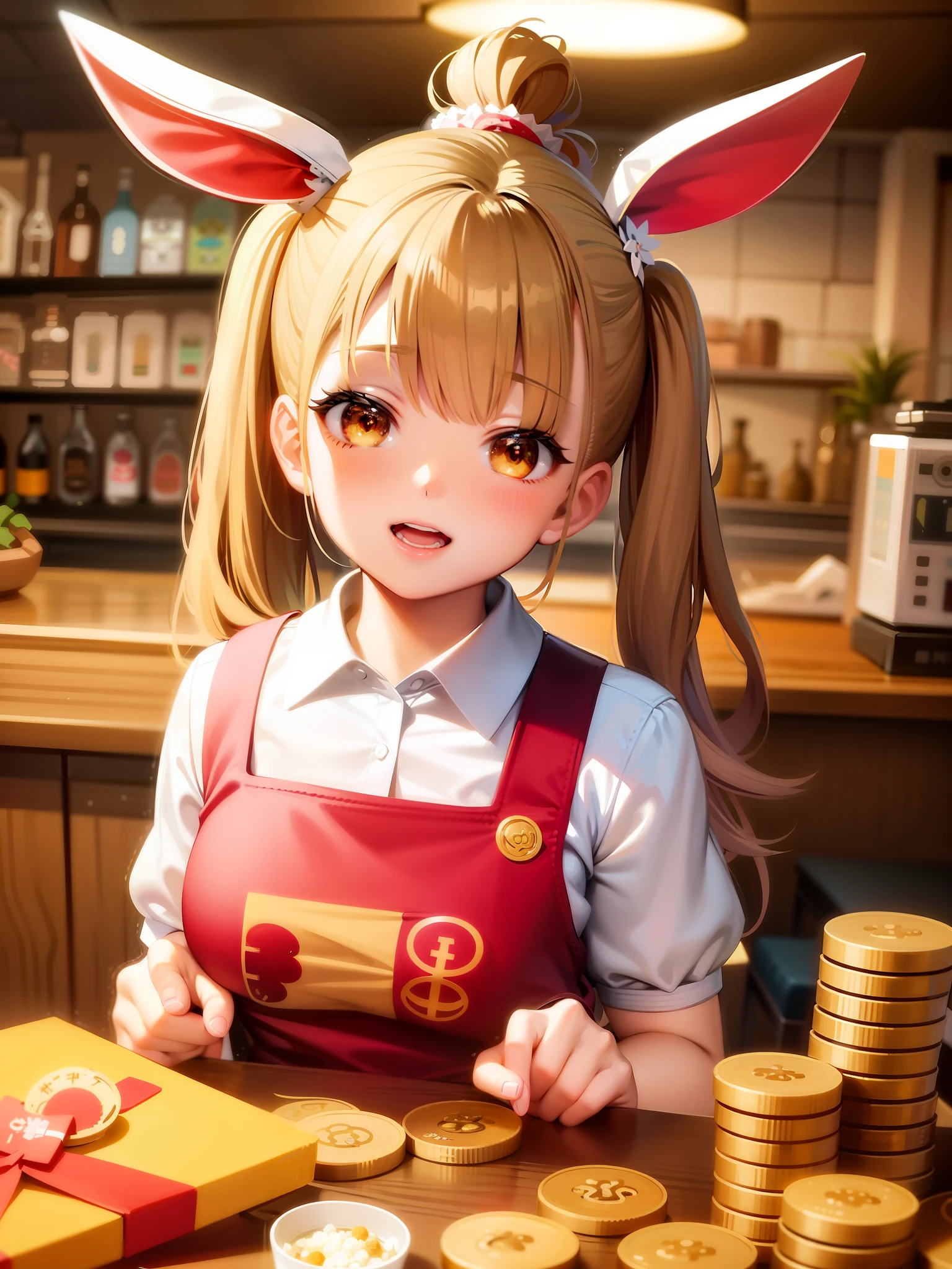 anime girl with bunny ears sitting at a table with a pile of coins, official artwork, marin kitagawa fanart, from the azur lane videogame, official art, rin, sakimi chan, sakimichan, trending on artstation pixiv, ( waitress ) girl, anime visual of a cute girl, splash art anime loli, loli