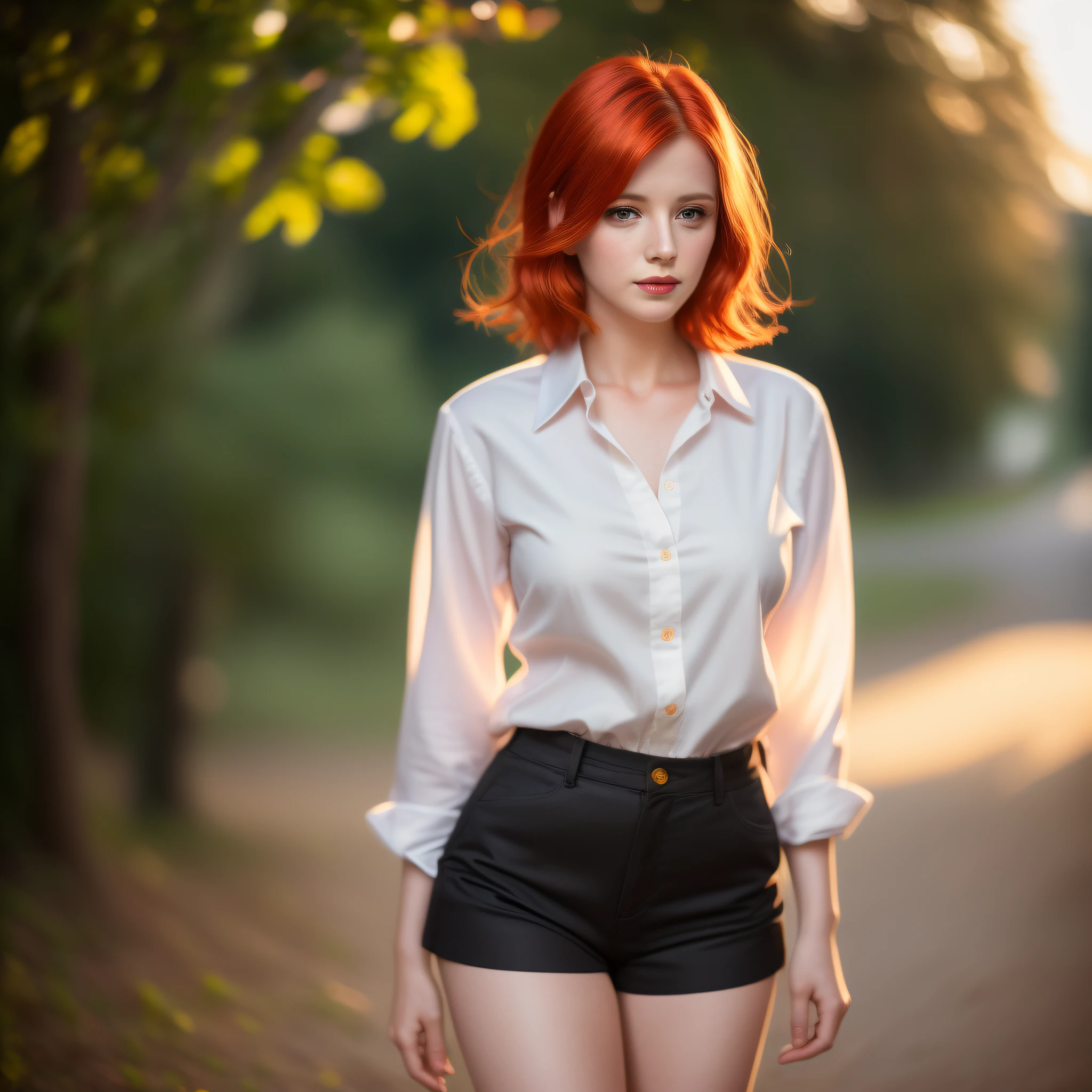 (masterpiece), best quality, high resolution portrait, subtle details, "red-haired woman in shorts and blouse on her back", short clothing, red hair (1.2), seductive pose, blurred background (depth of field), natural lighting (1.1), backlight (1.1), soft shadow effect, photo editing filter (Instagram type).