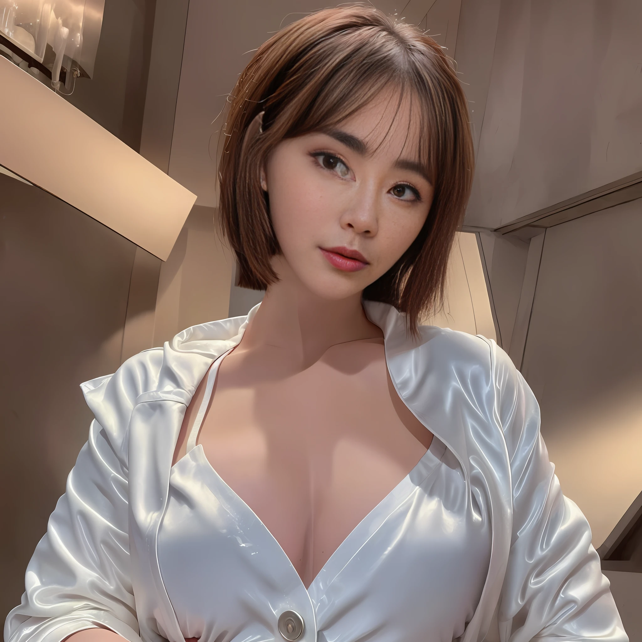 (RAW Photos, Best Quality, Masterpiece: 1.2), (Realistic, Photorealistic: 1.37), 1 Girl, Light Smile, (Big: 1.2), (High Detail: 1.2), (Detail Background: 1.2), (Shiny Skin: 1.2), (Skin Dents: 1.3), (Plump: 1.2), (Perfect Body: 1.35), (Portate: 0.8), Gorgeous, Floating Hair, Head Tilt, Sunlight, watch the viewer, (small head: 1.4), wear a satin wrench coat, the material of the satin wrench coat and satin blouse is shiny, soft and smooth to the touch, the buttons of the satin wrench coat are large, the buttons in front of the satin wrench coat are fastened, and the underwear is not worn, the collar of the satin blouse must be taken out of the satin wrench coat, Body-fitting satin blouse, chest is C cup, Japan fashion model, wearing a shirt, wearing a coat, one beauty, the place is a hotel bedroom, the eyes are clear double, wet lips and appeal,