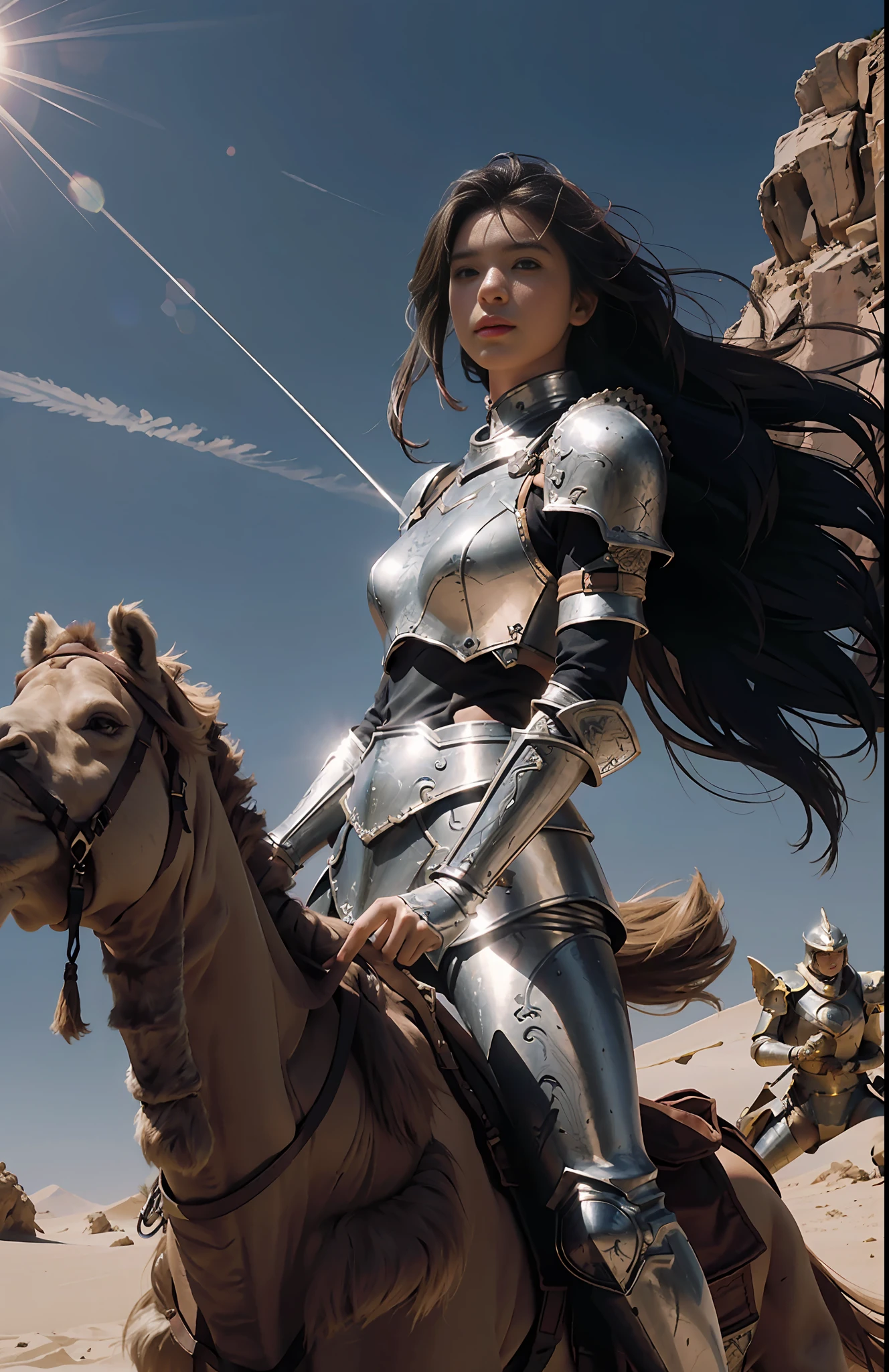 Best Picture Quality, Perfect Masterpiece, Ultra High Resolution, 1.4x Realism, A Girl, Cinematic Lighting, Being in the Desert, Sunny Sunshine, Applying the Tyndall Effect, Battle Scene, A Female Warrior, Wearing Armor, Oversized Silver Greatsword, Fighting Stance, , Camel, Extreme Light and Shadow, Hair Fluttering with the Wind.