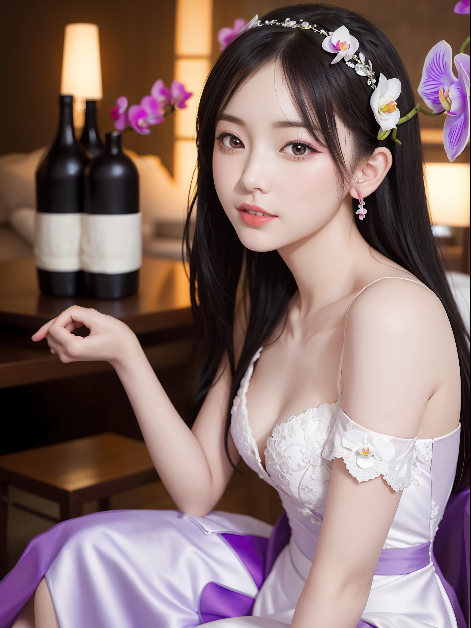 orchid wedding dress,purple short skirt,woman,japanese,cute face,pretty face,bare shoulders,shoulders slightly exposed,black eyes,black hair,(photorealistic:1.4),realistic details, high resolution,bokeh,outstanding details