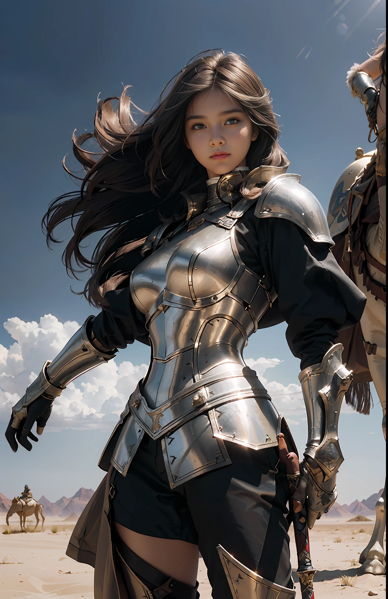 Best Picture Quality, Perfect Masterpiece, Ultra High Resolution, 1.4x Realism, A Girl, Cinematic Lighting, Being in the Desert, Sunny Sunshine, Applying the Tyndall Effect, Battle Scene, A Female Warrior, Wearing Armor, Oversized Silver Greatsword, Fighting Stance, Age 15, Camel, Extreme Light and Shadow, Hair Fluttering with the Wind.