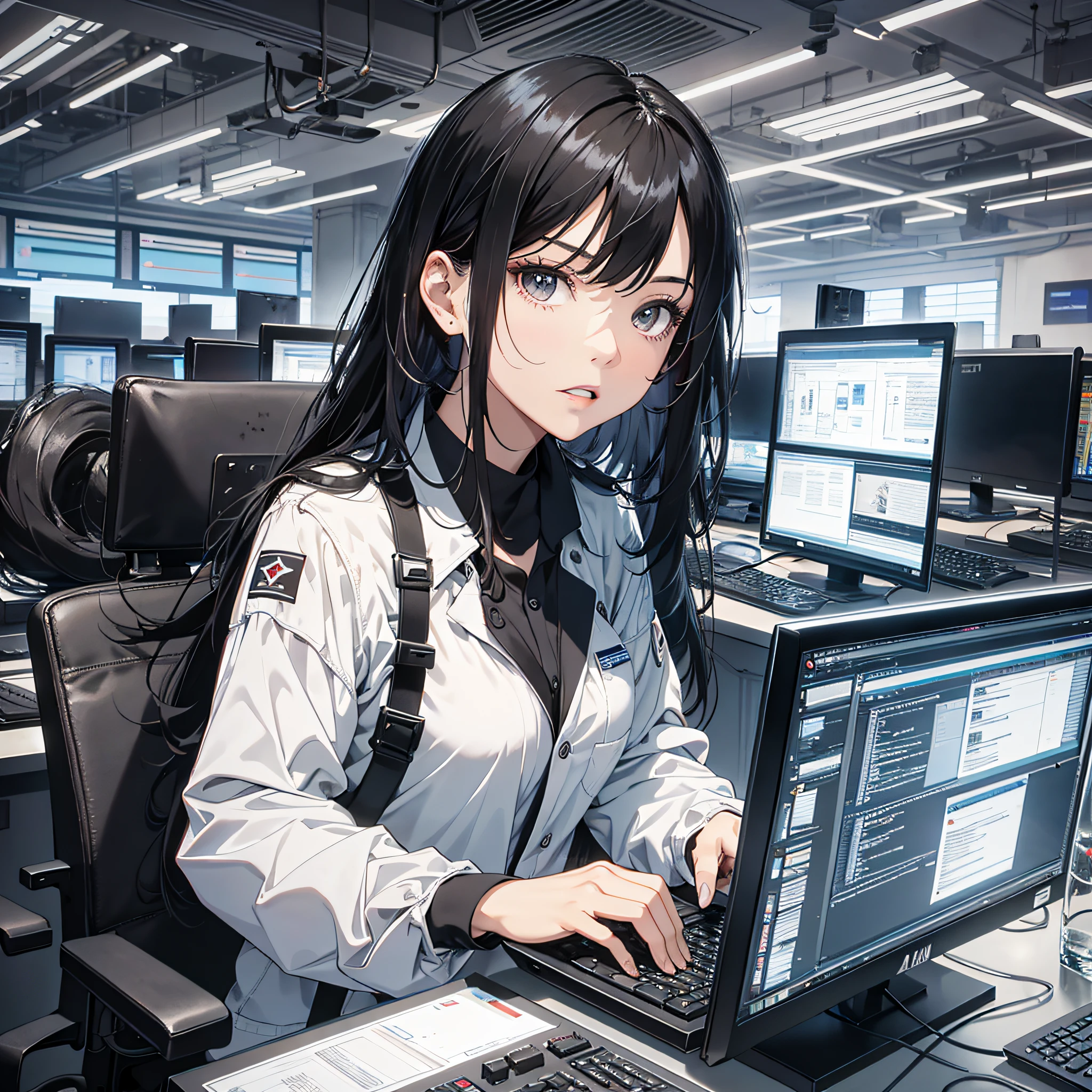 The black-haired young woman dressed as a technician has a serious expression, and the background is a large scientific research institute with many large screens, sitting in front of the computer to operate, with a serious and shocked expression