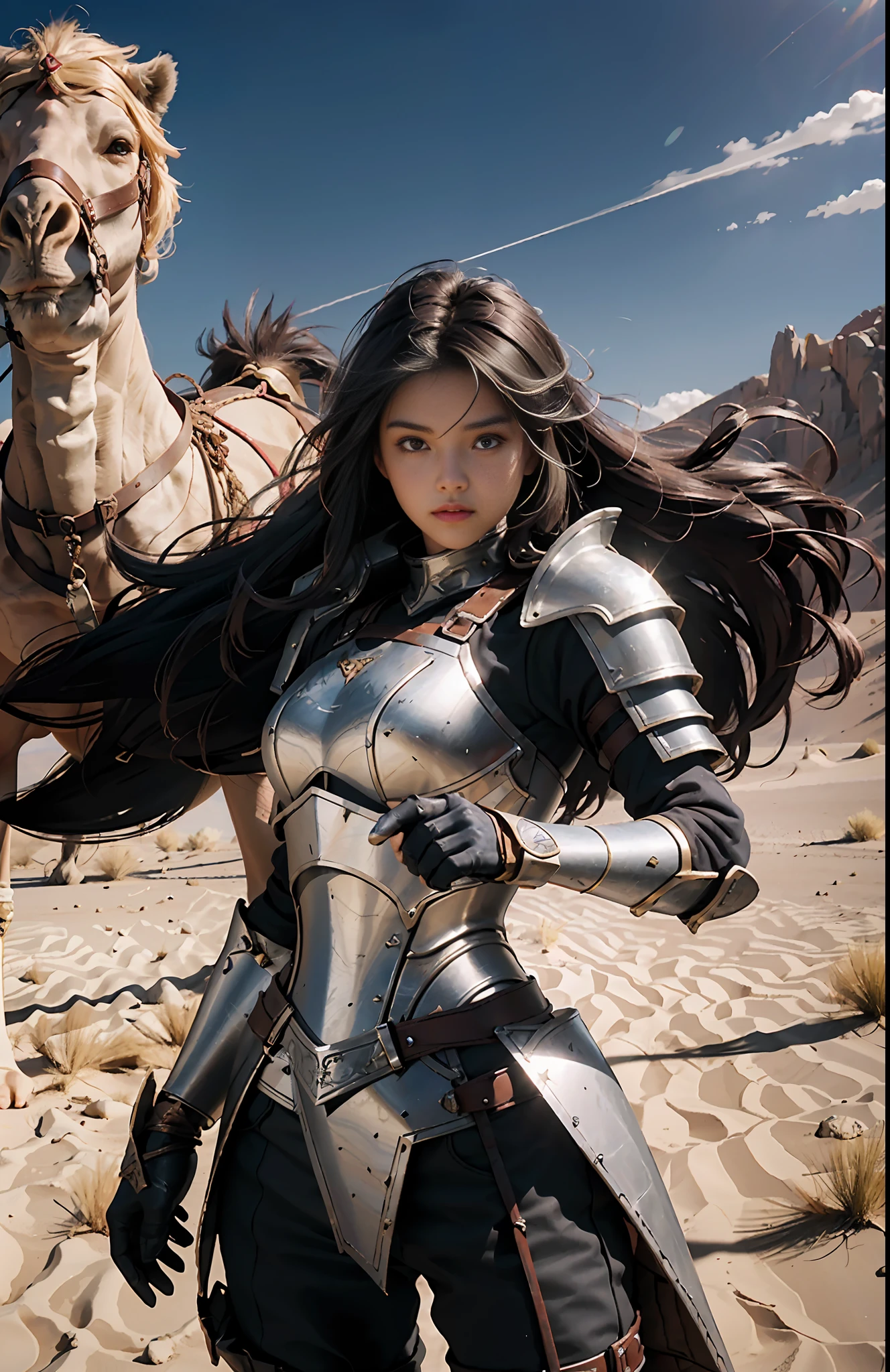 Best Picture Quality, Perfect Masterpiece, Ultra High Resolution, 1.4x Realism, A Girl, Cinematic Lighting, Being in the Desert, Sunny Sunshine, Applying the Tyndall Effect, Battle Scene, A Female Warrior, Wearing Armor, Oversized Silver Greatsword, Fighting Stance, , Camel, Extreme Light and Shadow, Hair Fluttering with the Wind.