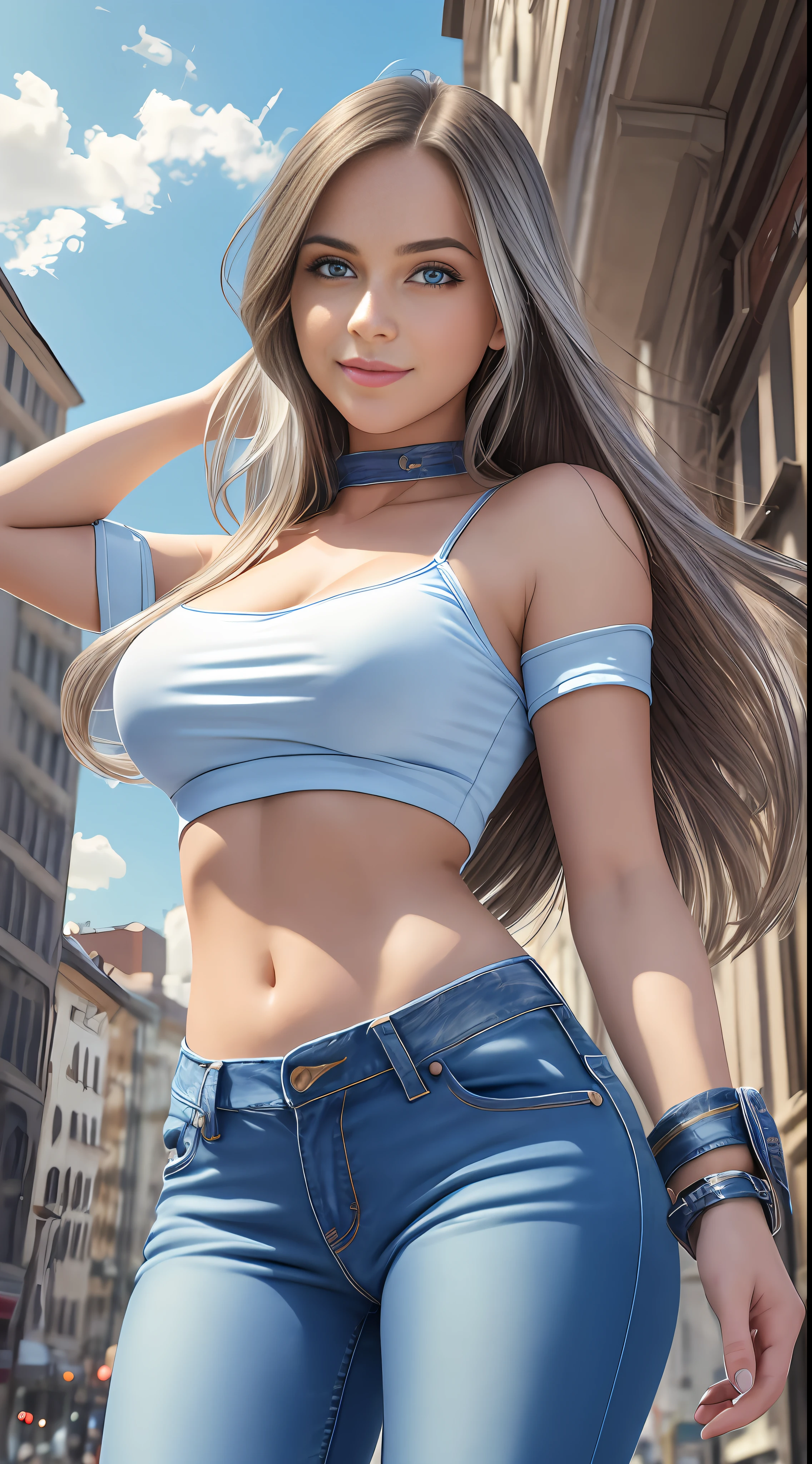 masterpiece, best quality, ultra-detailed),(1girl), blue eyes, long hair, brunette, dynamic angle, dynamic pose, natural lighting, floating, (light blue top), (jeans:1.2)|(leather pants:0.9), (silver strap:1.2|watch), (natural background:0.8)| cityscape), (smiling:0.8)| serious expression), (light in the hair), (many drops of water:0.8)