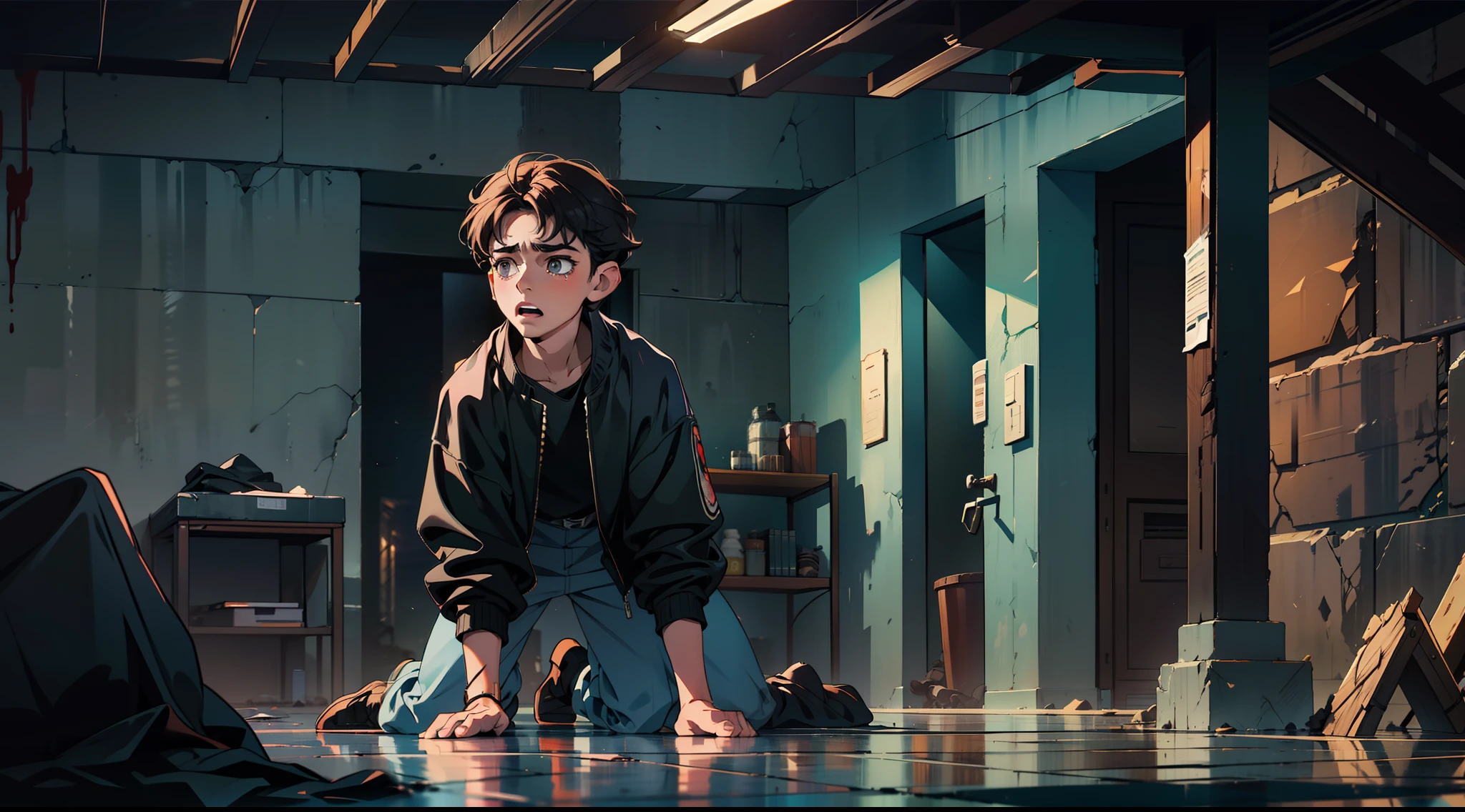 (best quality, masterpiece:1.3) 1 man, Timothée Chalamet, young man, scared, fear, Timothée Chalamet, dungeon, dark, black, prison, cold, prison, hostage, captured, fear, tears, crying, scared, lying on the ground, on the ground, beaten up on the floor, struggle, blood, bleeding, lying on the ground, floor, dark, night, black, gloomy lighting, tears, drawing, drawing aesthetic, night, fear, cold, black, dark, shadows, fear, inside a prison, prison cells, dark, depressing, black clothes, old clothes, torn black clothes, black clothes, big scene, far away camera, general shot, overall shot, overall shot, blurred background, blurred dark background, blurred dark backgroung, dark, no light, gloom, darkness, black, night.