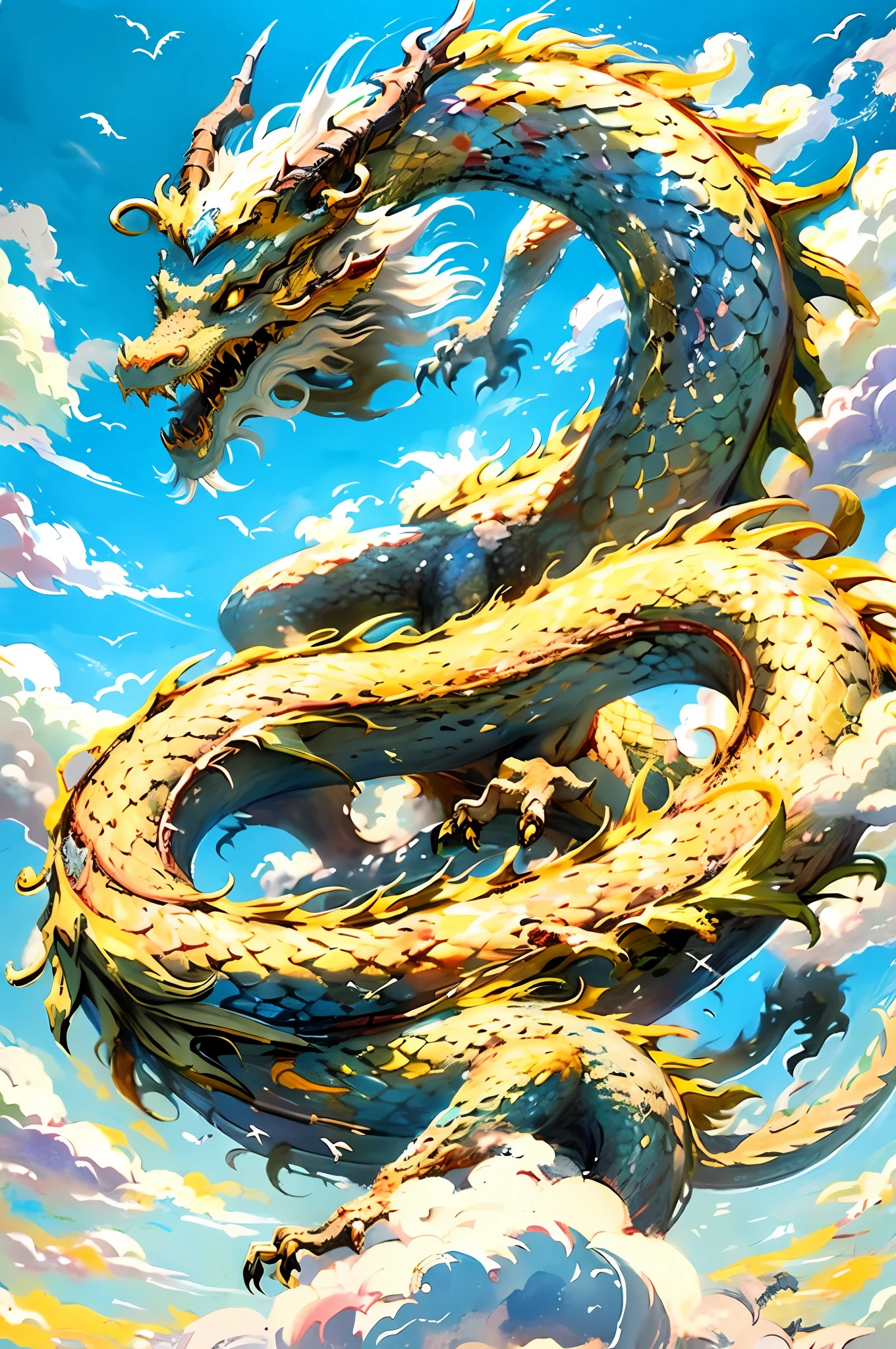 Painting of dragons and clouds in the sky, majestic Japanese dragon, golden dragon, legendary dragon, dragon, cyan Chinese dragon fantasy, Chinese dragon, dragon art, smooth Chinese dragon, oil painting of dragon, dragon, concept art of Chinese dragon, dragon, dragon in the sky, epic dragon, divine dragon, high detail), phoenix dragon