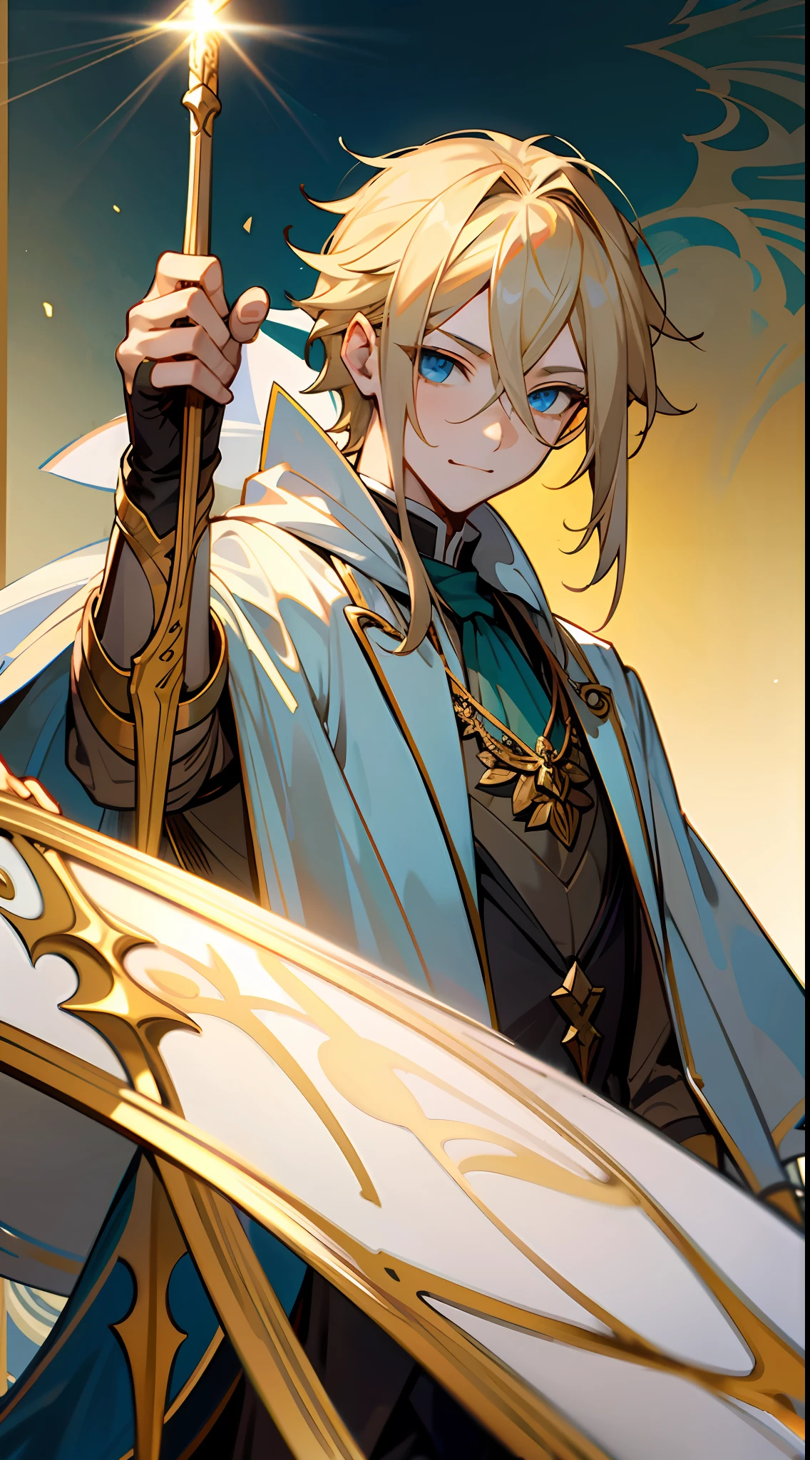 a drawing of a man with blonde hair and blue eyes, boris valejo. octopath traveler, victor, by Pu Hua, by Yuumei, vergil, octopath traveler, gold and white cloak, long luxurious light blond hair, by Muqi, bishounen, fantasy art smug smile man, rossdraws pastel vibrant, white and gold color palette