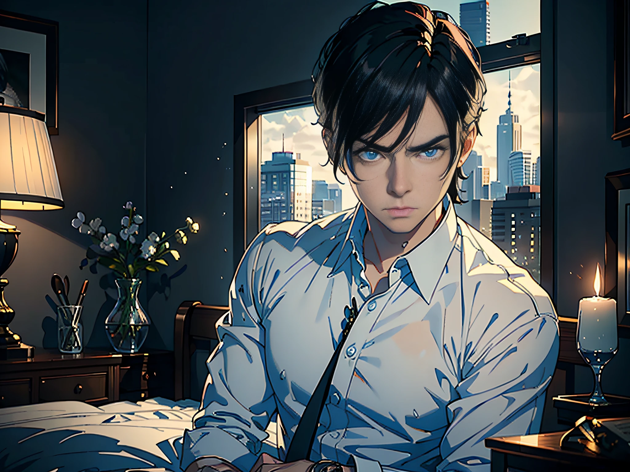 ((Masterpiece)), ((Best Quality)), 8K, HD, Super Detail, ((1 Man 1.8)), (Man White Shirt), (Bedroom 1.5) (Black Hair), (Blue Eyes) (Emoticon Anger 1.6) (Upper Body Display 1.4) The artwork is a masterpiece, with the best quality and super detail, captured in 8K HD. Photographic realistic, realistic, very detailed illustrations realistic, octane rendering