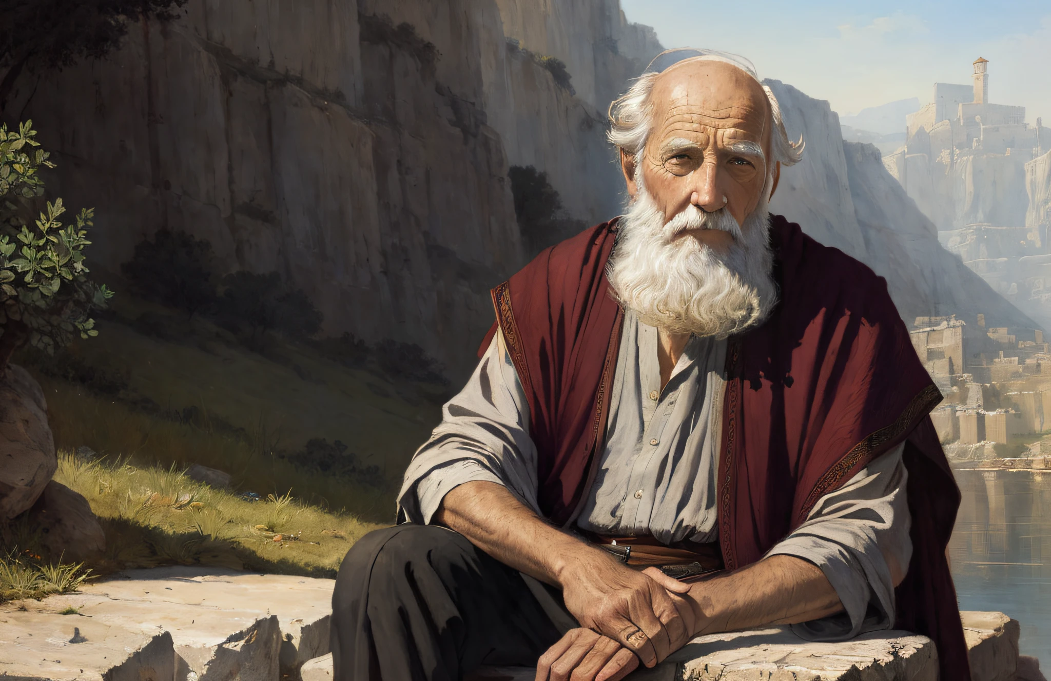 A portrait of an old man sitting on a stone in the 2nd century, beautiful painting with highly detailed face by Greg Rutkowski and Magali Villanueve