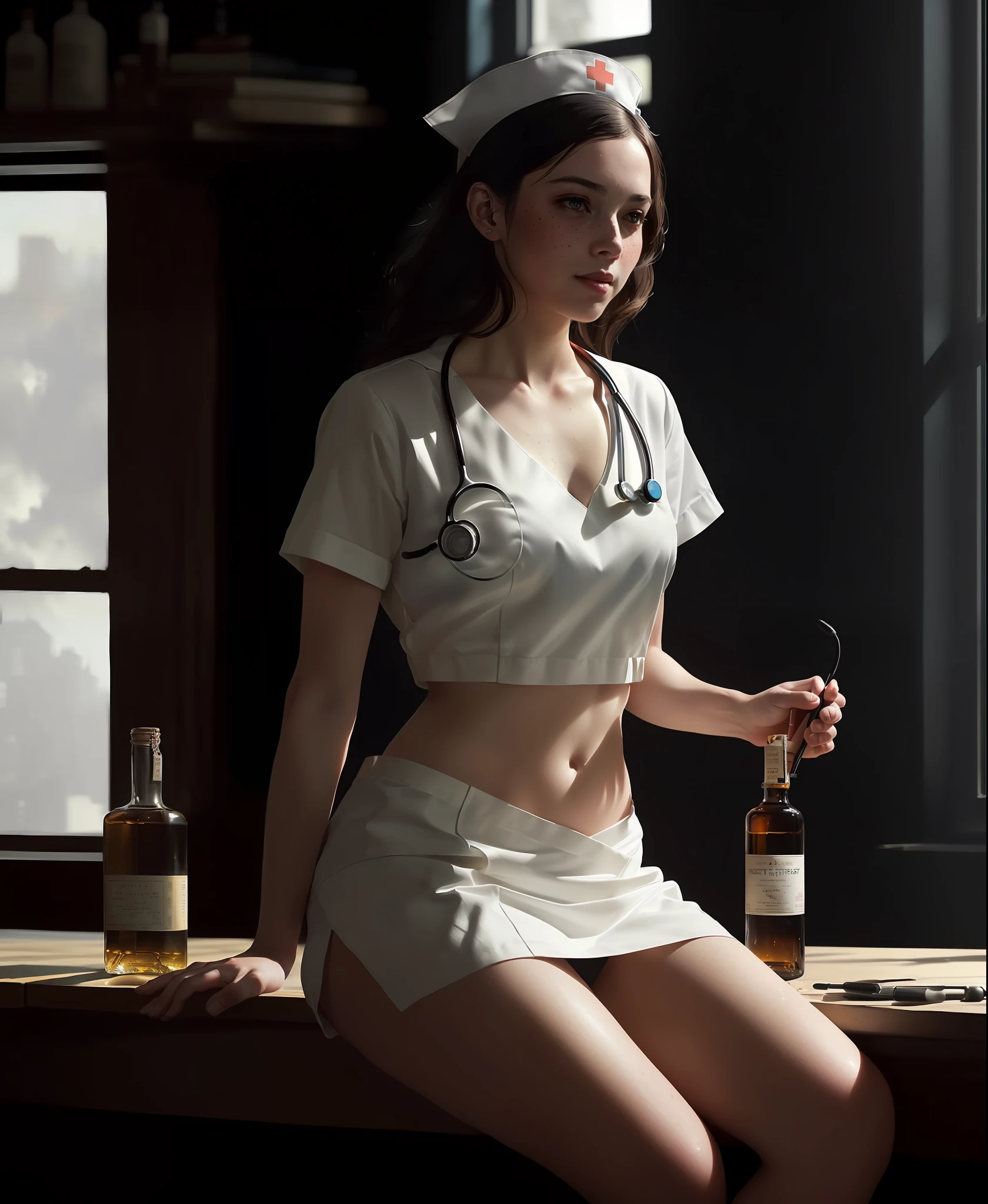 full shot body photo of the most beautiful artwork in the world featuring ww2 nurse holding a liquor bottle sitting on a desk nearby, smiling, freckles, white outfit, nostalgia, sexy, stethoscope, heart professional majestic oil painting by Ed Blinkey, Atey Ghailan, Studio Ghibli, by Jeremy Mann, Greg Manchess, Antonio Moro, trending on ArtStation, trending on CGSociety, Intricate, High Detail, Sharp focus, dramatic, photorealistic painting art by midjourney and greg rutkowski