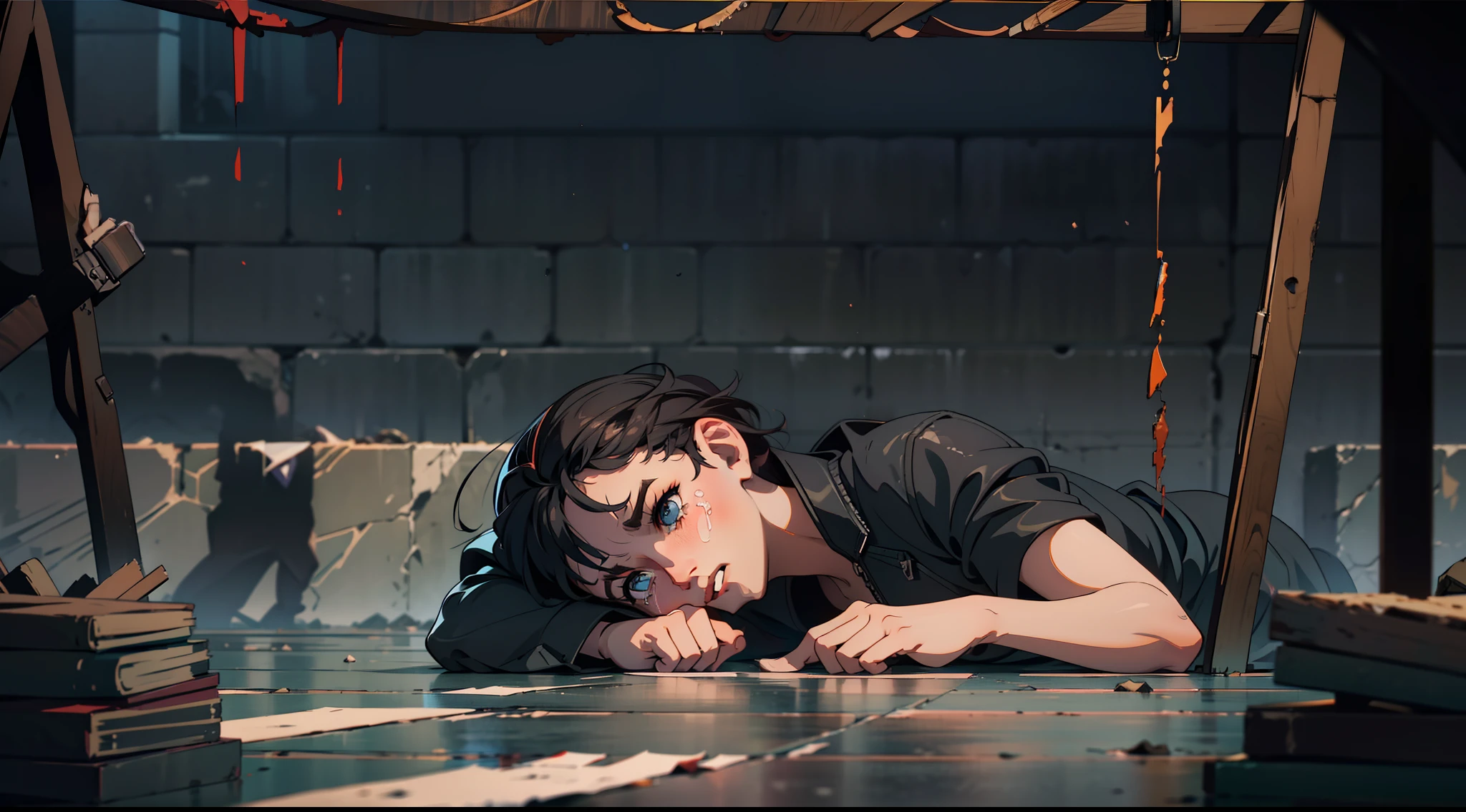 (best quality, masterpiece:1.3) 1 man, Timothée Chalamet, young man, scared, fear, Timothée Chalamet, dungeon, dark, black, prison, cold, prison, hostage, captured, fear, tears, crying, scared, lying on the ground, on the ground, beaten up on the floor, struggle, blood, bleeding, lying on the ground, floor, dark, night, black, gloomy lighting, tears, drawing, drawing aesthetic, night, fear, cold, black, dark, shadows, fear, inside a prison, prison cells, dark, depressing, black clothes, old clothes, torn black clothes, black clothes, big scene, far away camera, general shot, overall shot, overall shot, blurred background, blurred dark background, blurred dark backgroung, dark, no light, gloom, darkness, black, night.