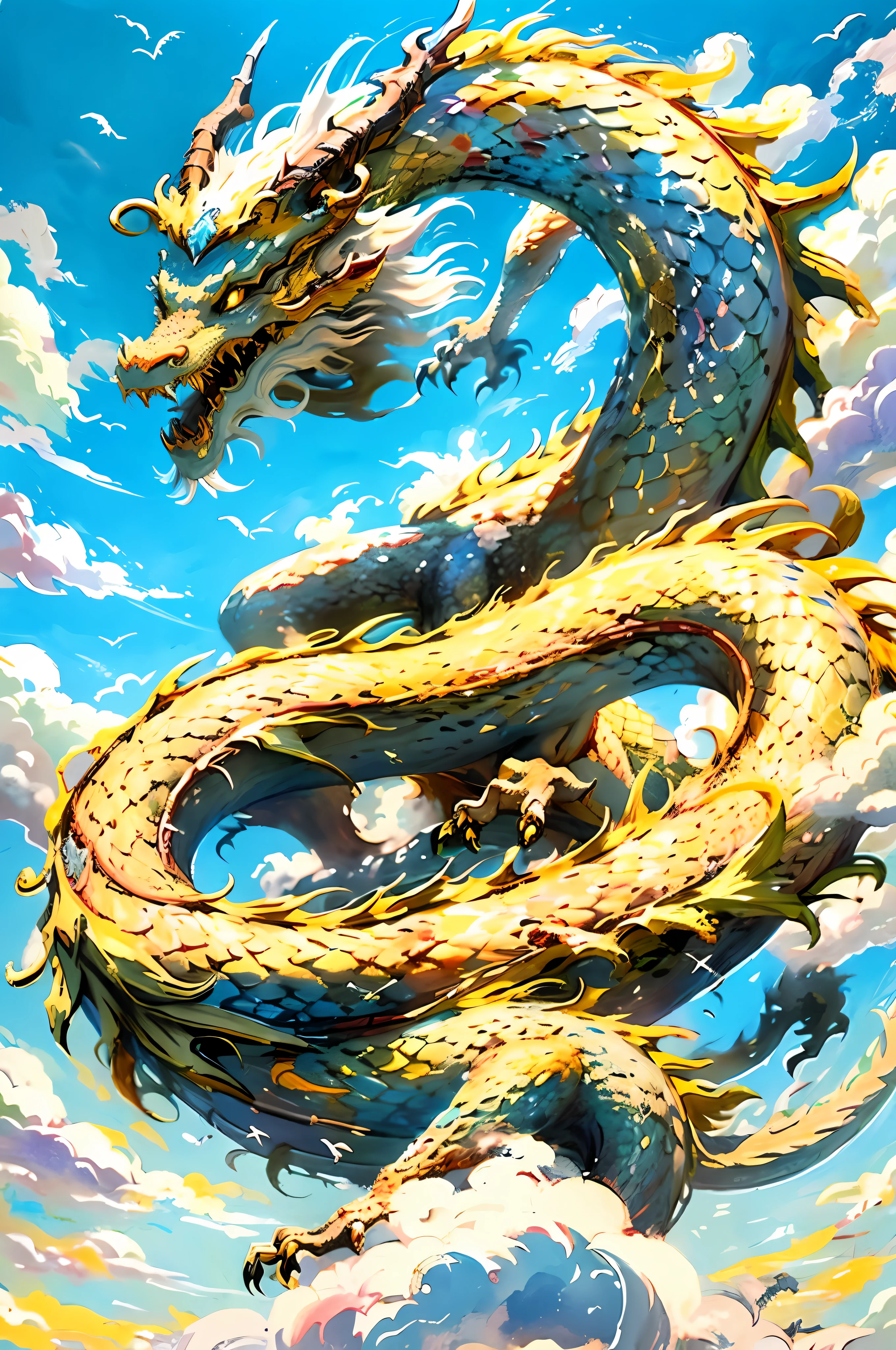 Painting of dragons and clouds in the sky, majestic Japanese dragon, golden dragon, legendary dragon, dragon, cyan Chinese dragon fantasy, Chinese dragon, dragon art, smooth Chinese dragon, oil painting of dragon, dragon, concept art of Chinese dragon, dragon, dragon in the sky, epic dragon, divine dragon, high detail), phoenix dragon