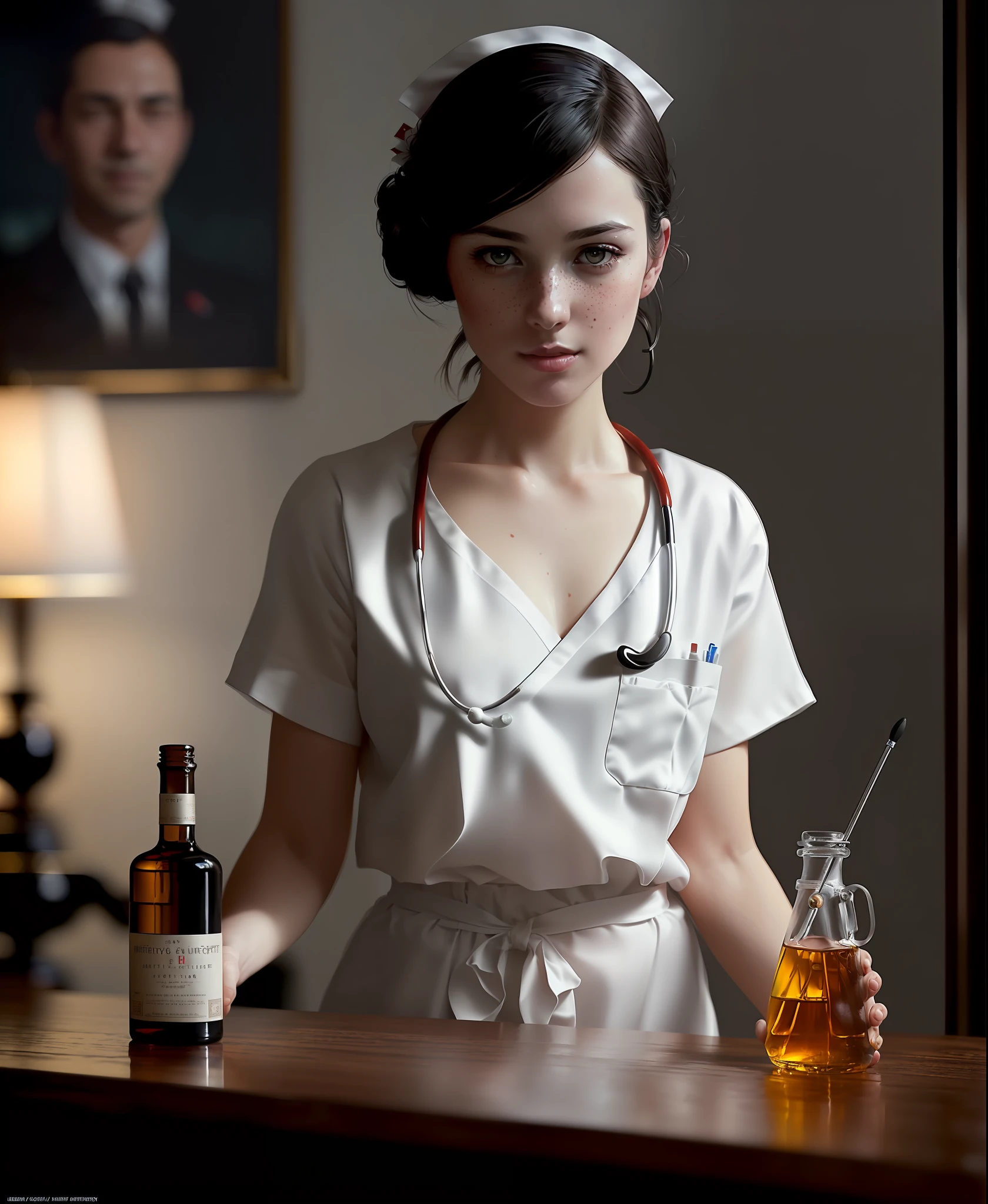 full shot body photo of the most beautiful artwork in the world featuring ww2 nurse holding a liquor bottle sitting on a desk nearby, smiling, freckles, white outfit, nostalgia, sexy, stethoscope, heart professional majestic oil painting by Ed Blinkey, Atey Ghailan, Studio Ghibli, by Jeremy Mann, Greg Manchess, Antonio Moro, trending on ArtStation, trending on CGSociety, Intricate, High Detail, Sharp focus, dramatic, photorealistic painting art by midjourney and greg rutkowski