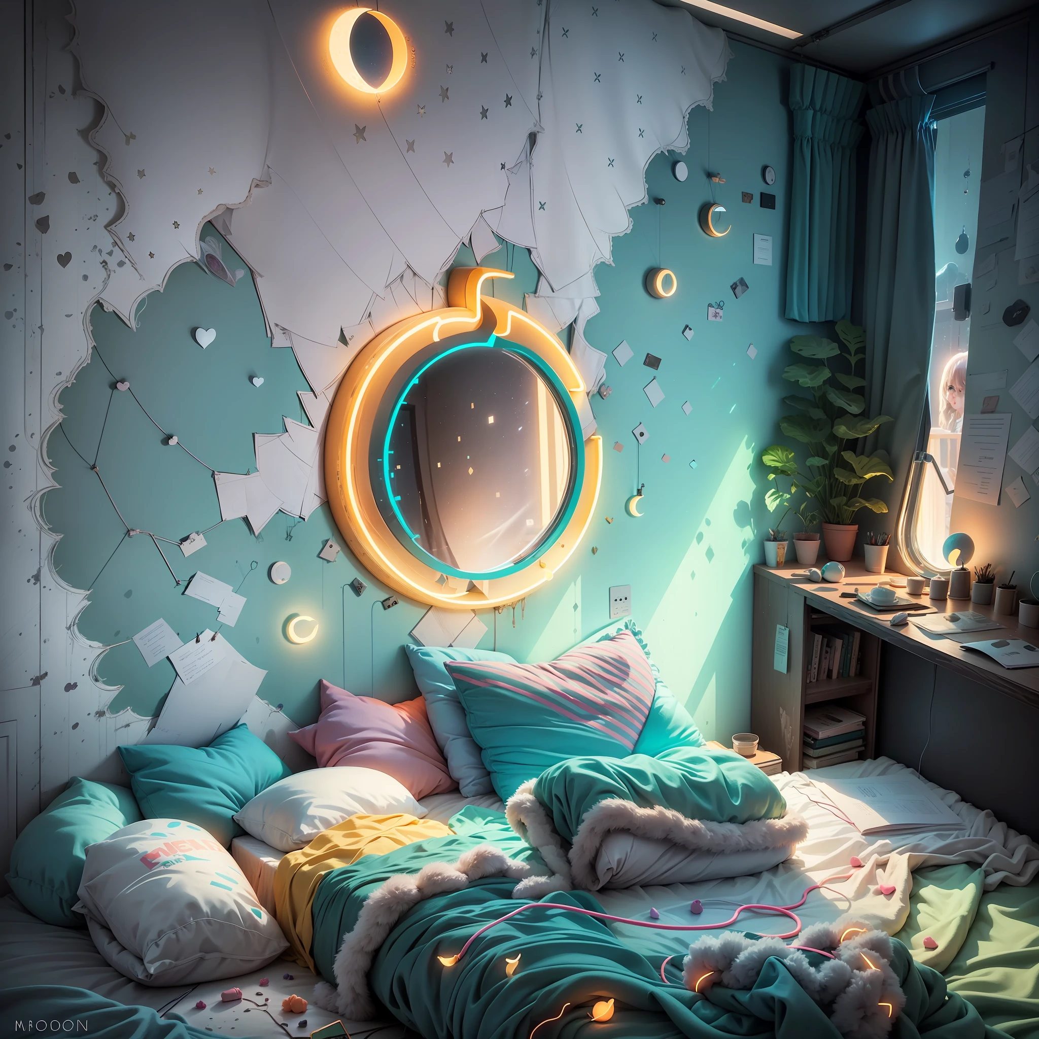 Sweet on the bed, neon room with mirrors, moon light from the window photorealistic, cinematic light. --auto --s2