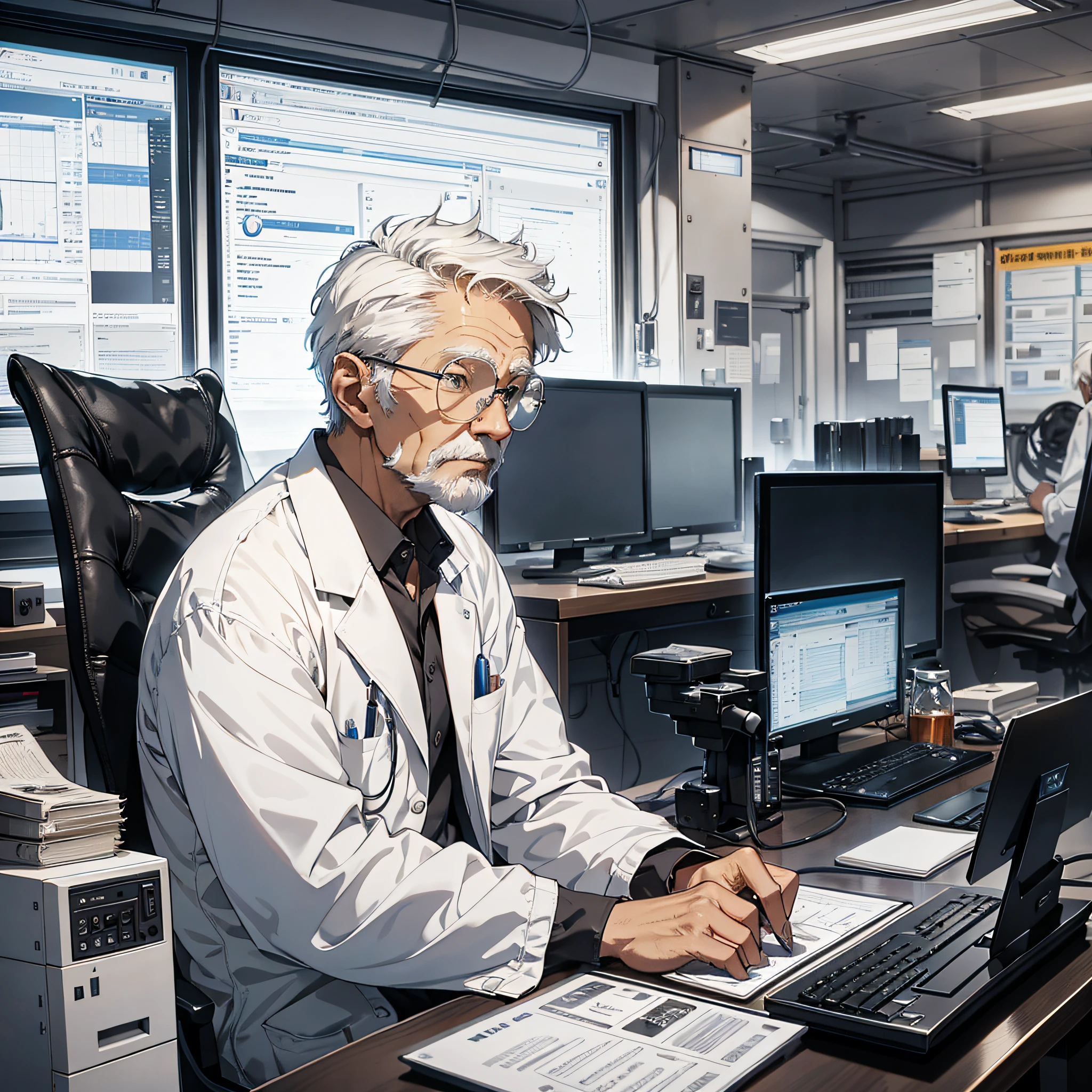1 old man with short white hair dressed as a scientist, sitting in front of the computer to operate, looking at the computer, the background is a large scientific research institute with many large screens, and his expression is shocked