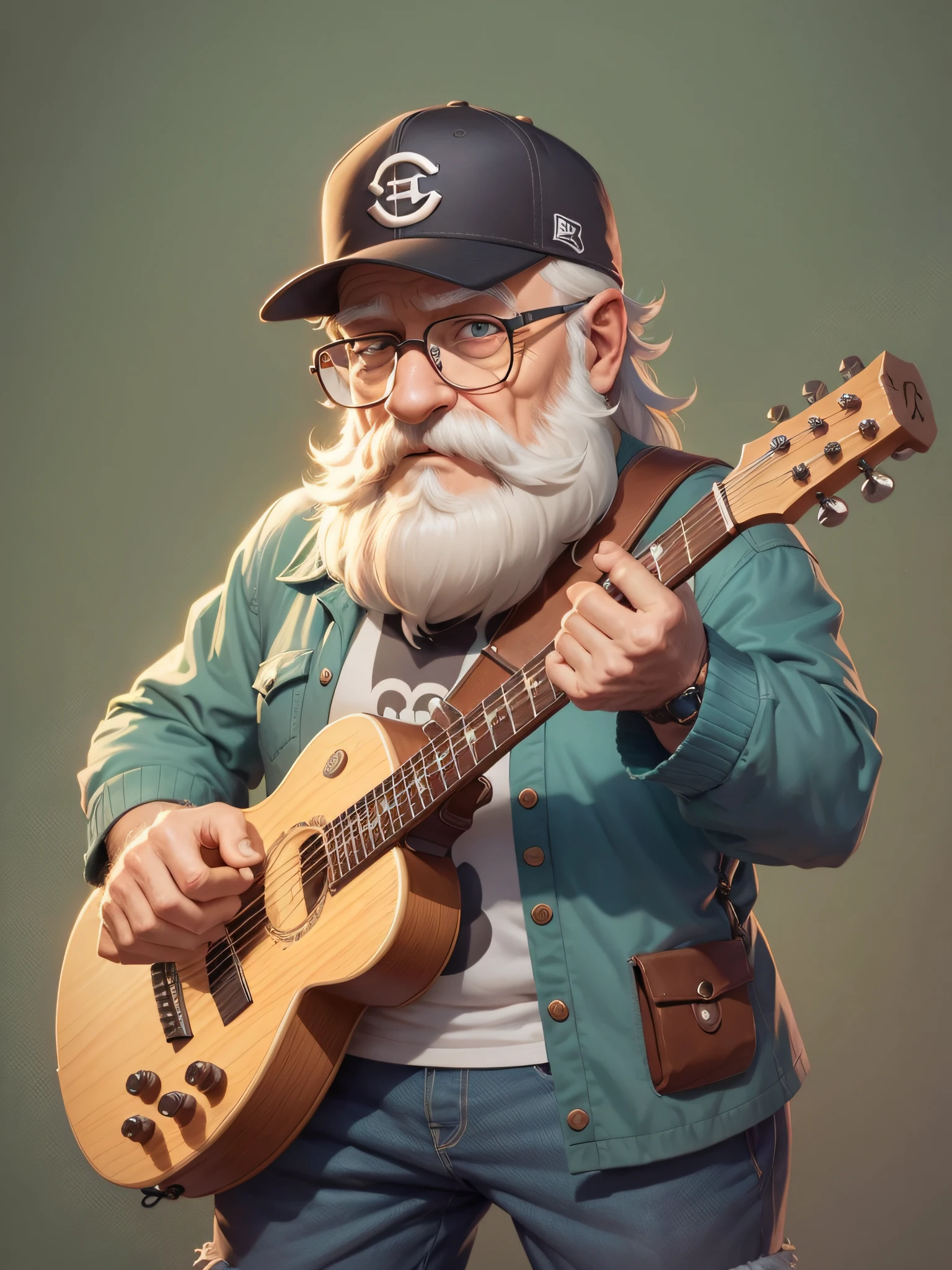 cartoon character of an old man with beard and glasses with a baseball cap, (((full body))), cute detailed digital art, high quality character design, highly detailed character design, game character design, adorable digital painting, game character art, musician, highly detailed character, anthropomorphic music hero, 2d illustration,  2d illustration, by Yu Zhiding, great character design --auto --s2