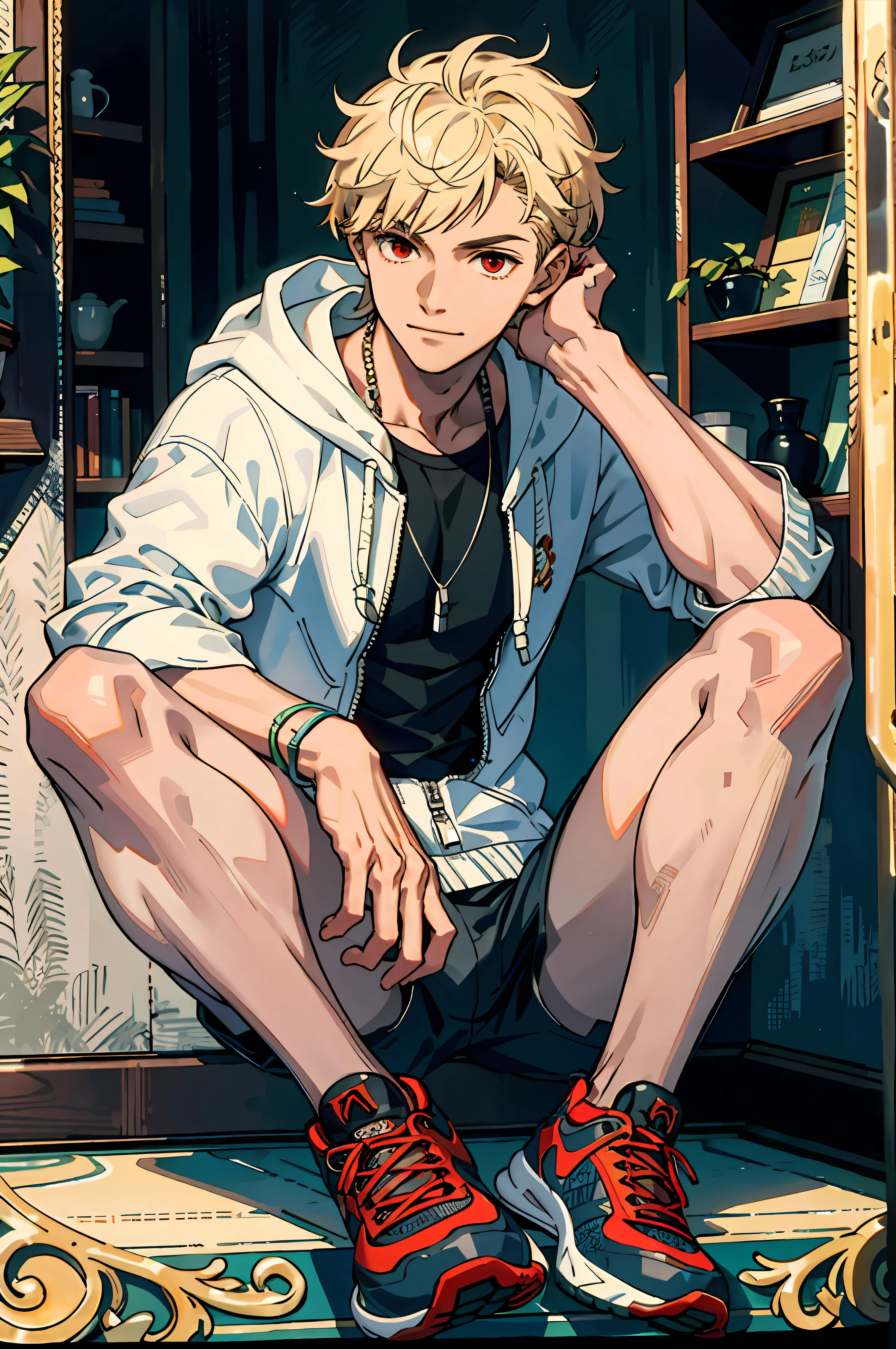 Masterpiece, Solo, Top Quality, 1 Men, Young Adult, Tall Muscular, Handsome, Fine Eyes, Intricate Details, Casual Clothing, Extra Large Hood, Shorts, Tennis Shoes, spiked hair with Very Short Blonde and Red Eyes, Medium Length Hair, Intricate Patterns, Best Light and Shadow, Backgrounds Are Inside the House, Sitting, Mottled Day, Depth of Field, Plants, Summer, Colorful, Artistic, depth of field, smile, closed mouth
