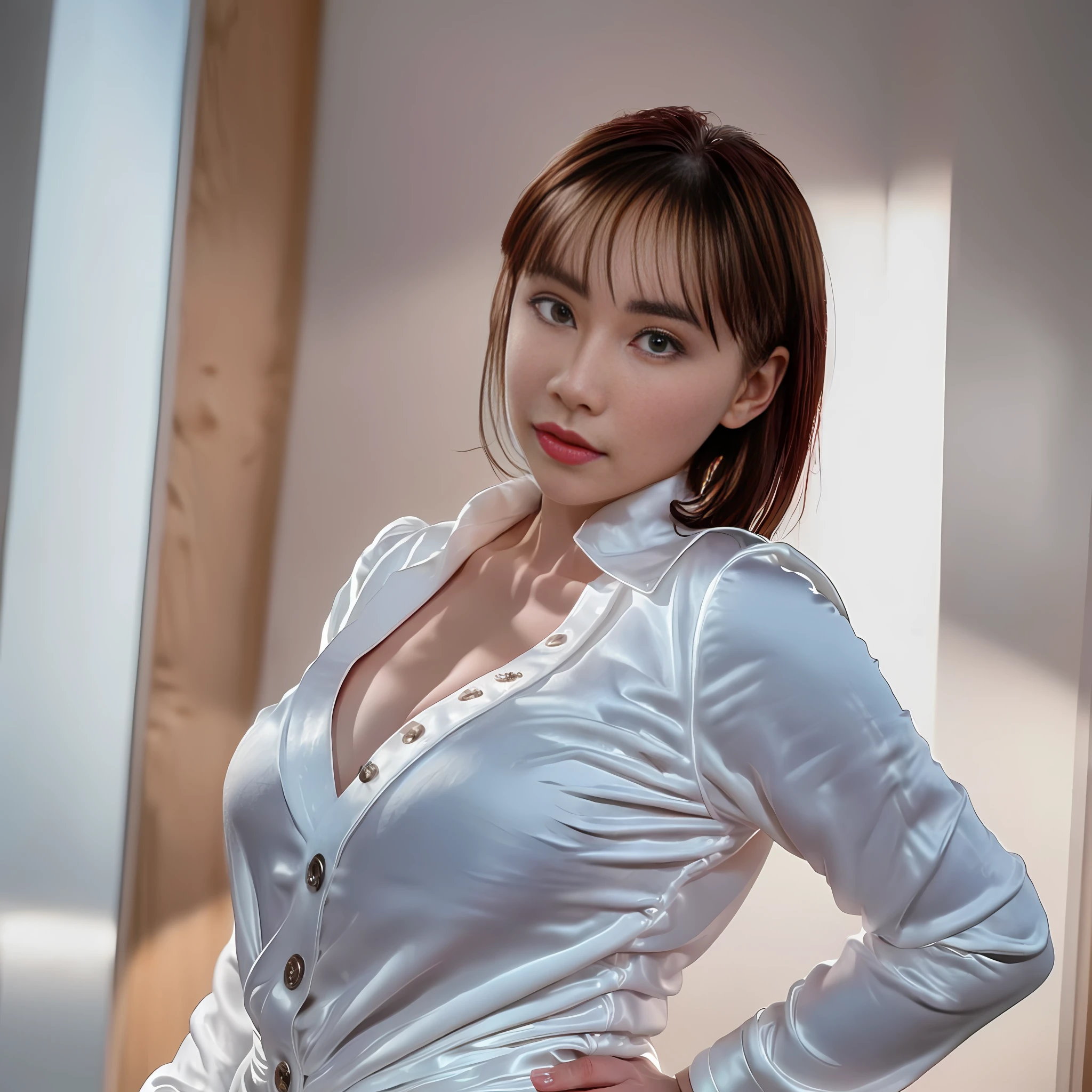 (RAW Photos, Best Quality, Masterpiece: 1.2), (Realistic, Photorealistic: 1.37), 1 Girl, Light Smile, (Big: 1.2), (High Detail: 1.2), (Detail Background: 1.2), (Shiny Skin: 1.2), (Skin Dents: 1.3), (Plump: 1.2), (Perfect Body: 1.35), (Portate: 0.8), Gorgeous, Floating Hair, Head Tilt, Sunlight, watch the viewer, (small head: 1.4), wear a satin wrench coat, the material of the satin wrench coat and satin blouse is shiny, soft and smooth to the touch, the buttons of the satin wrench coat are large, the buttons in front of the satin wrench coat are fastened, and the underwear is not worn, the collar of the satin blouse must be taken out of the satin wrench coat, Body-fitting satin blouse, chest is C cup, Japan fashion model, wearing a shirt, wearing a coat, one beauty, the place is a hotel bedroom, the eyes are clear double, wet lips and appeal,